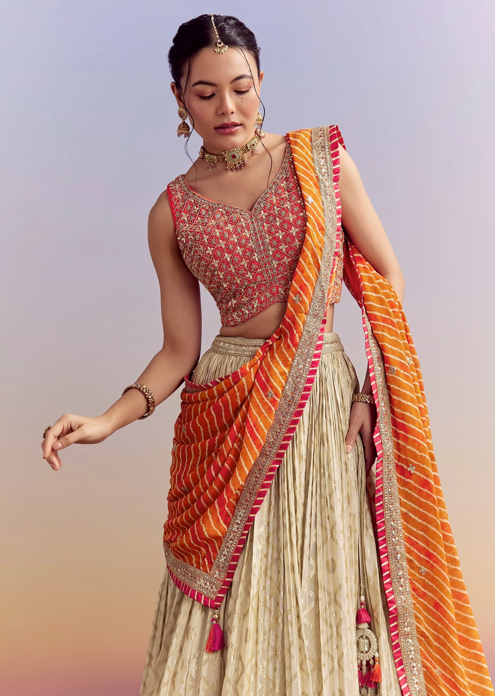 Orange Brocade Silk Bridesmaid Lehenga With Leheriya Dupatta - Image 12