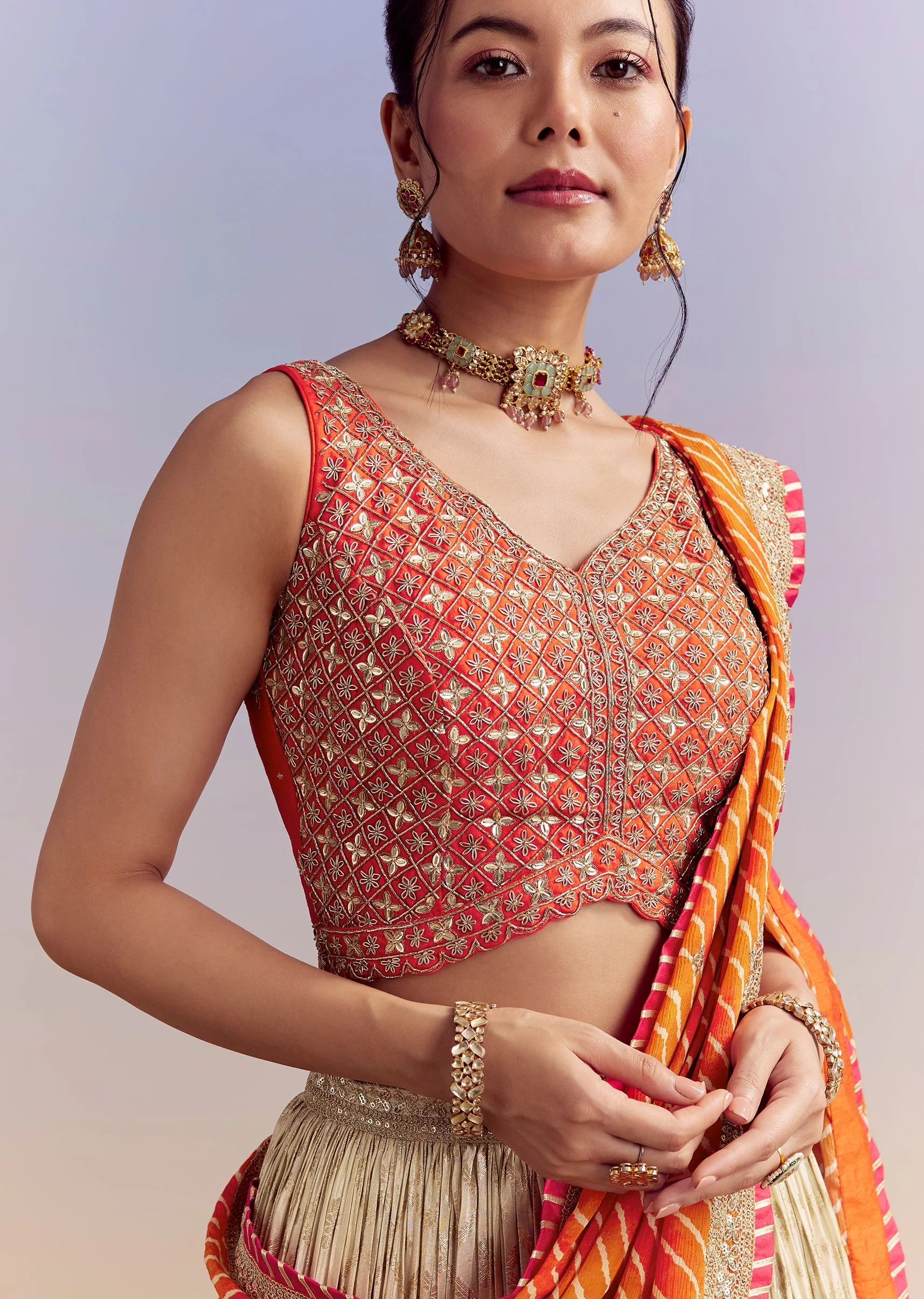 Orange Brocade Silk Bridesmaid Lehenga With Leheriya Dupatta - Image 3