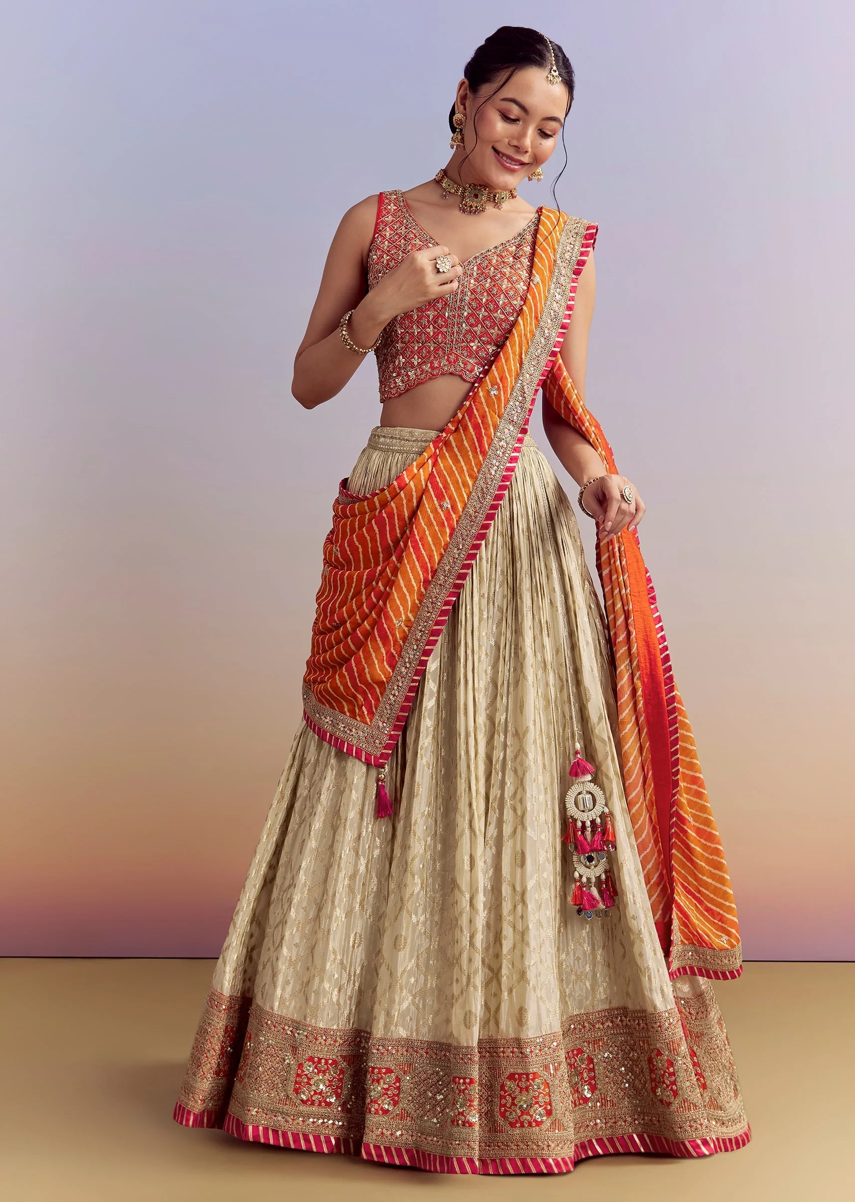 Orange Brocade Silk Bridesmaid Lehenga With Leheriya Dupatta - Image 4