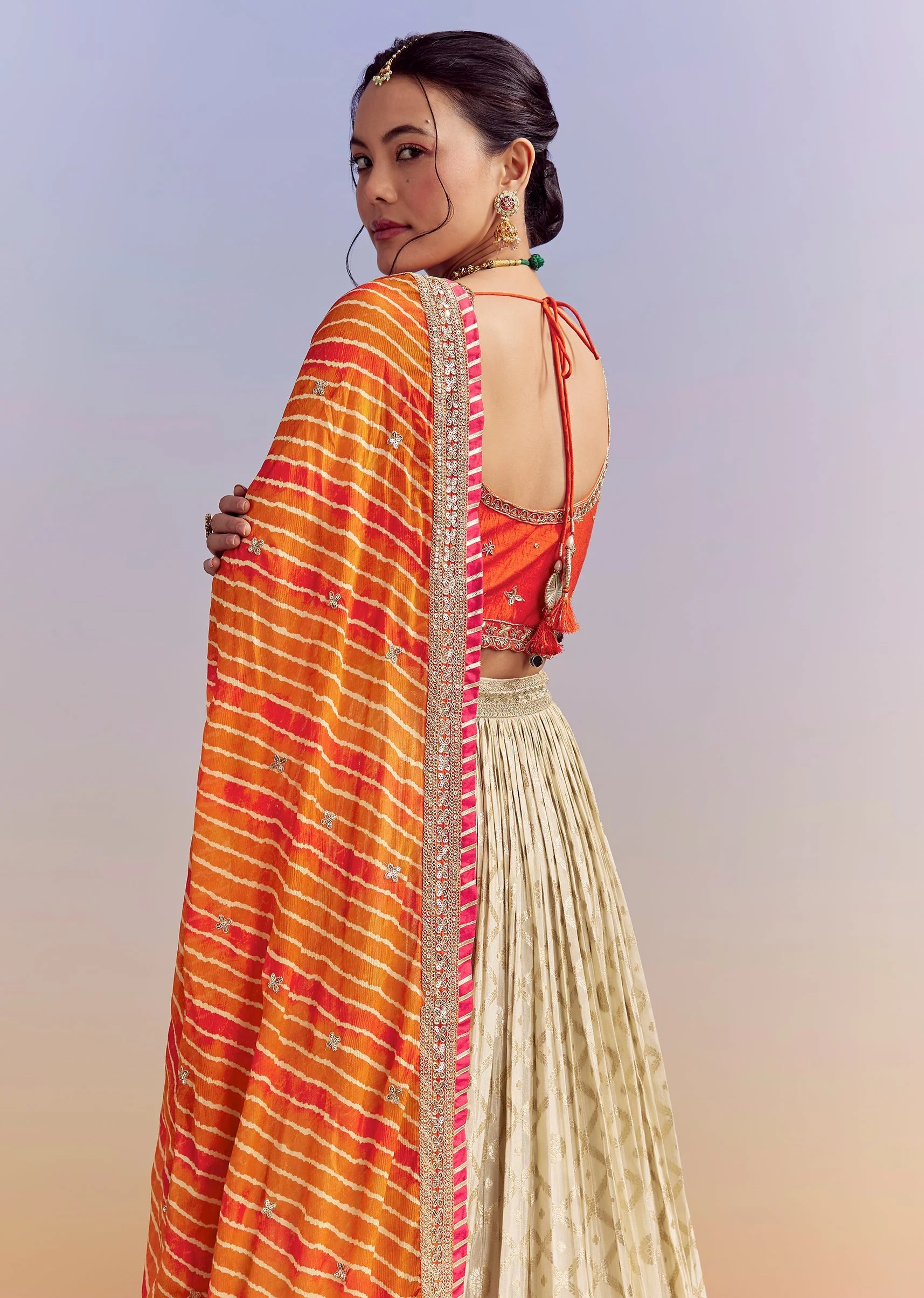Orange Brocade Silk Bridesmaid Lehenga With Leheriya Dupatta - Image 6