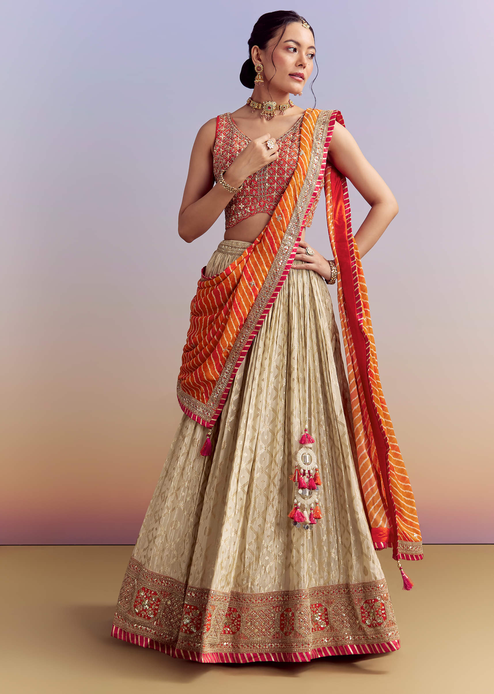 Orange Brocade Silk Bridesmaid Lehenga With Leheriya Dupatta - Image 7