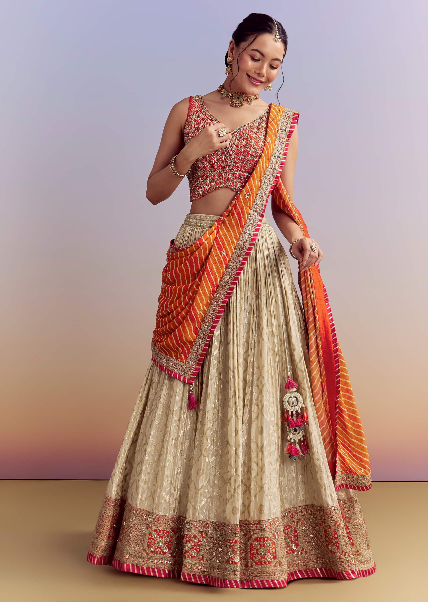 Orange Brocade Silk Bridesmaid Lehenga With Leheriya Dupatta - Image 9