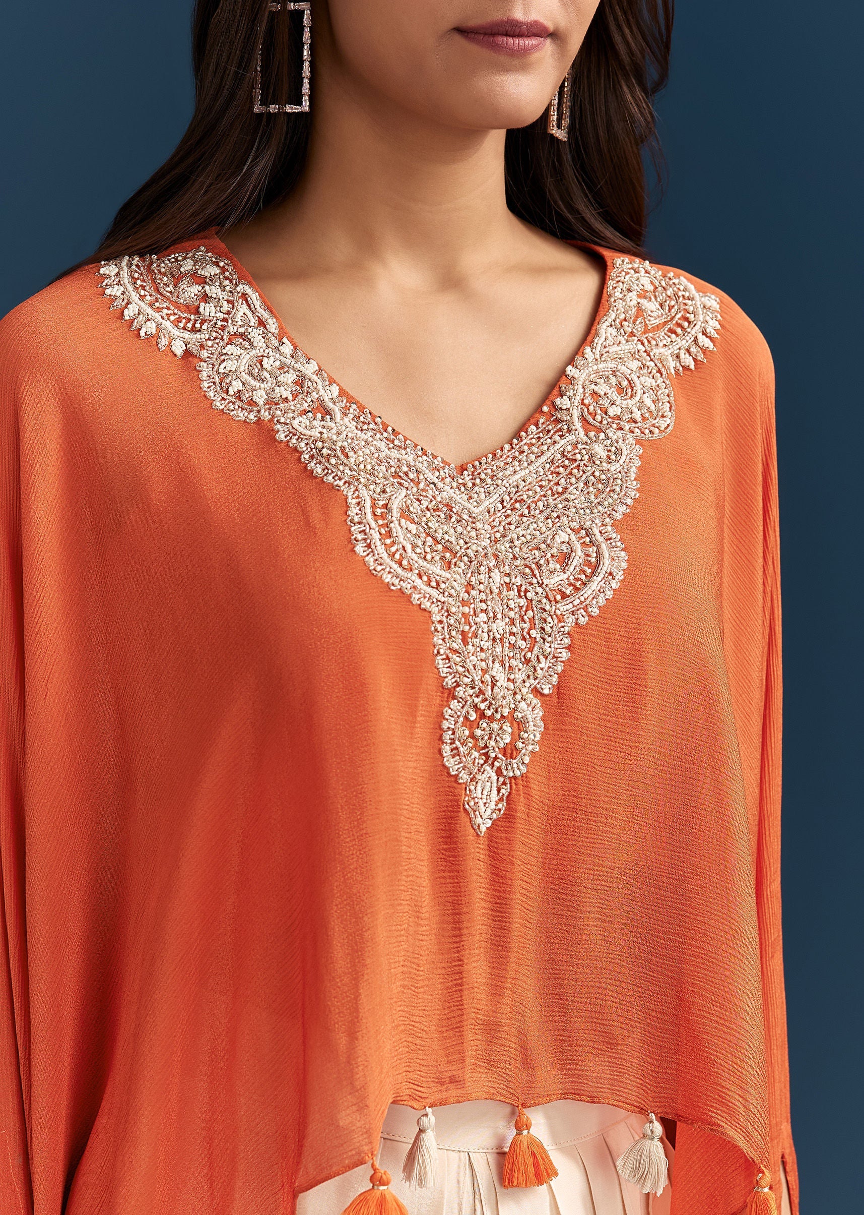 Orange Cape Crop Top Dhoti Set With Moti And Cut Dana Embroidery - Image 2
