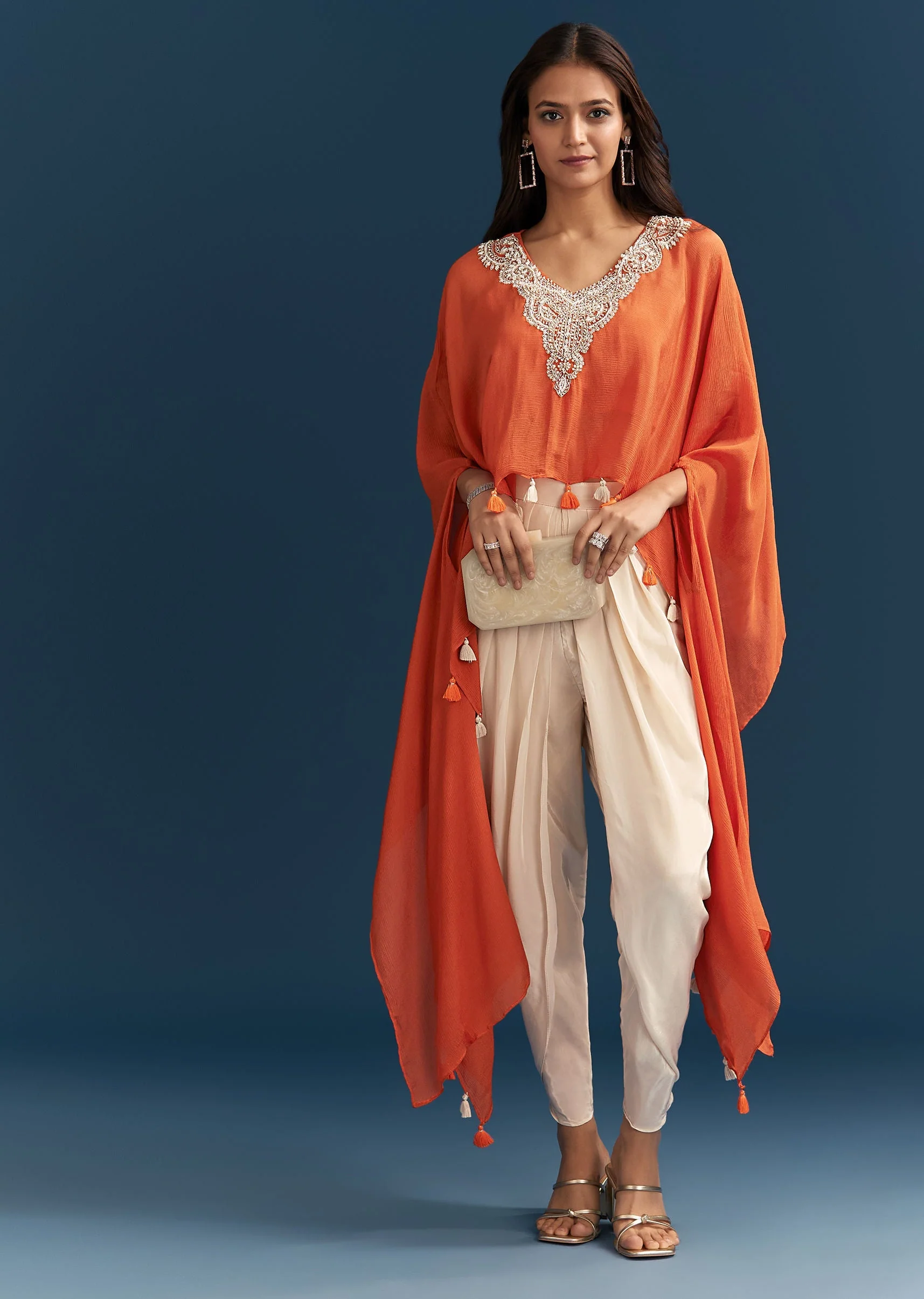 Orange Cape Crop Top Dhoti Set With Moti And Cut Dana Embroidery - Image 3