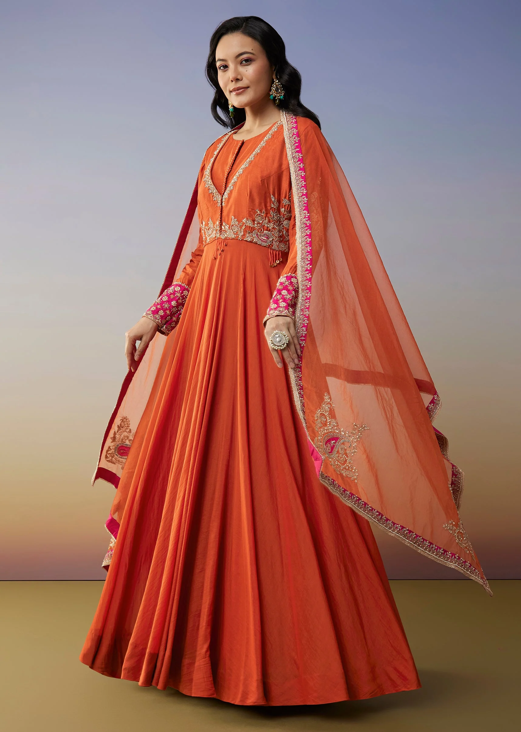 Orange Chanderi Anarkali Suit Set with Zari Moti Embroidery Work - Image 3