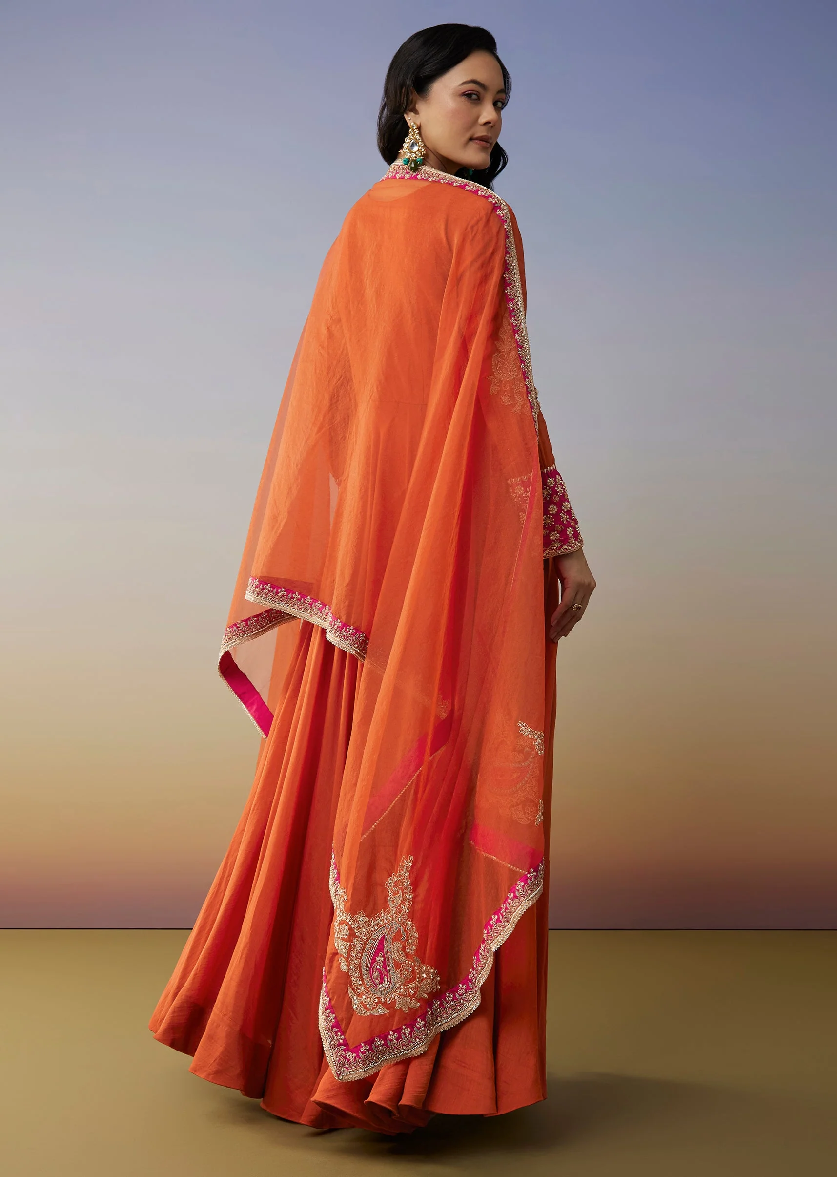 Orange Chanderi Anarkali Suit Set with Zari Moti Embroidery Work - Image 5