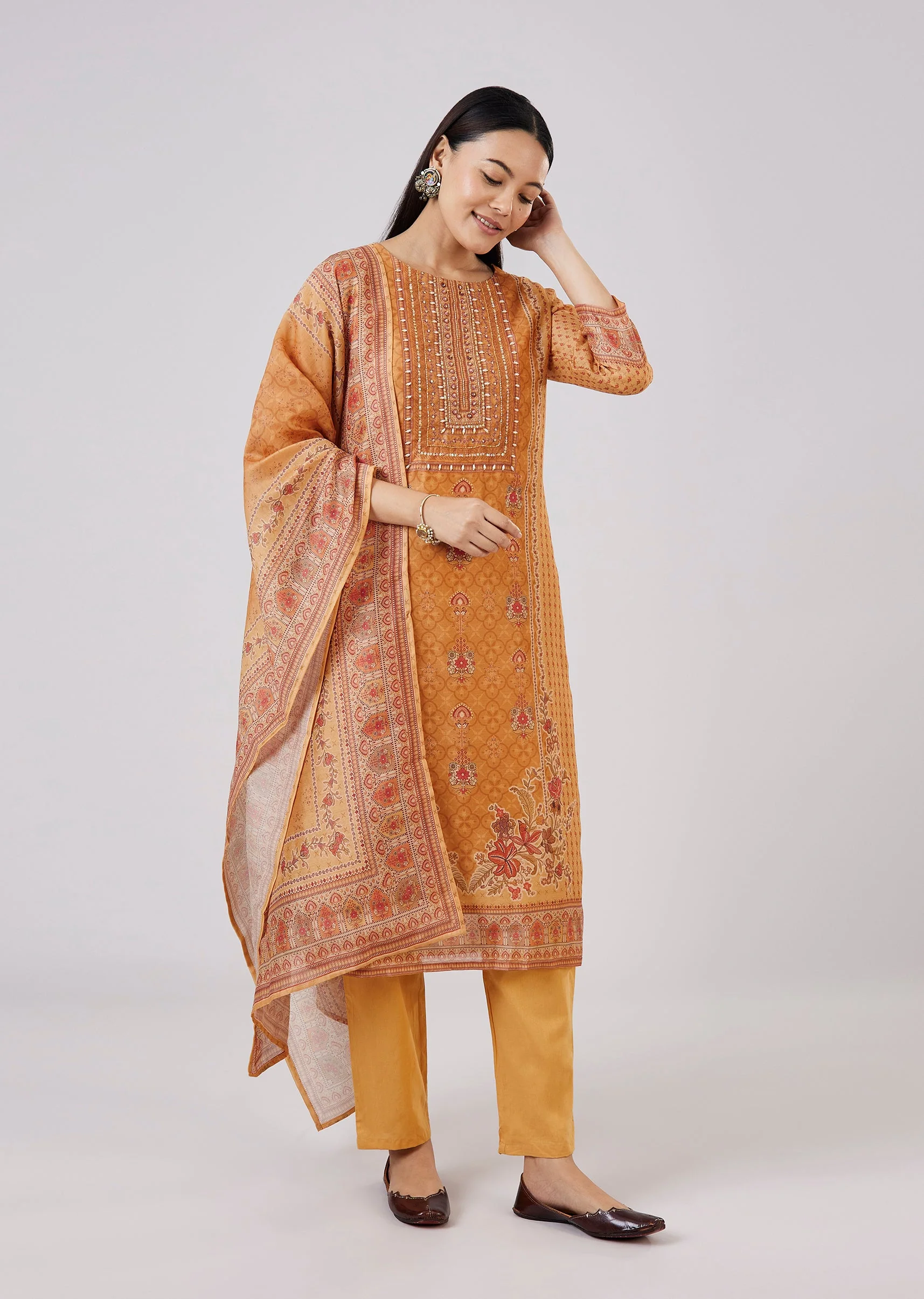 Orange Chanderi Kurta Set With Sequins Work