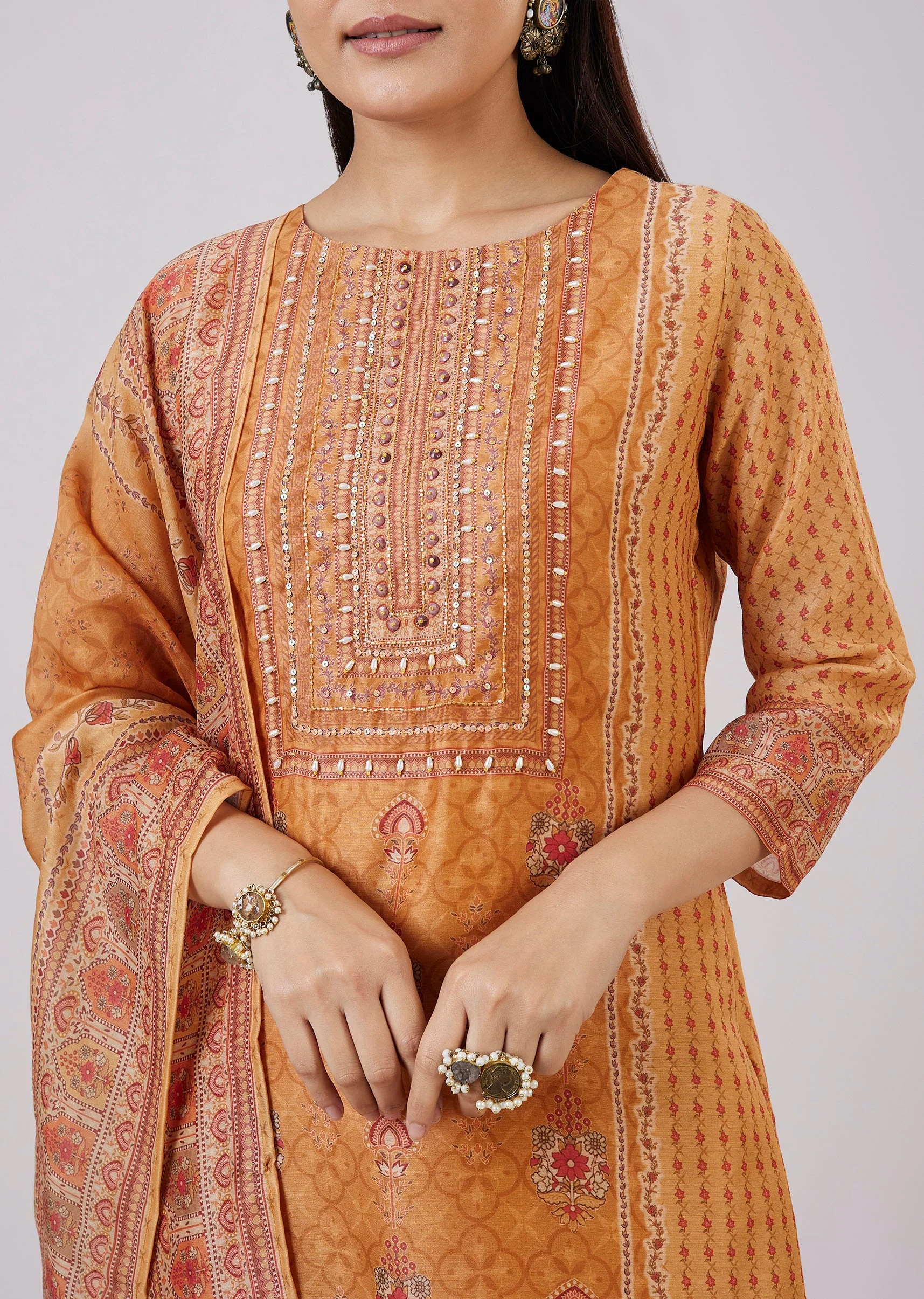 Orange Chanderi Kurta Set With Sequins Work - Image 2