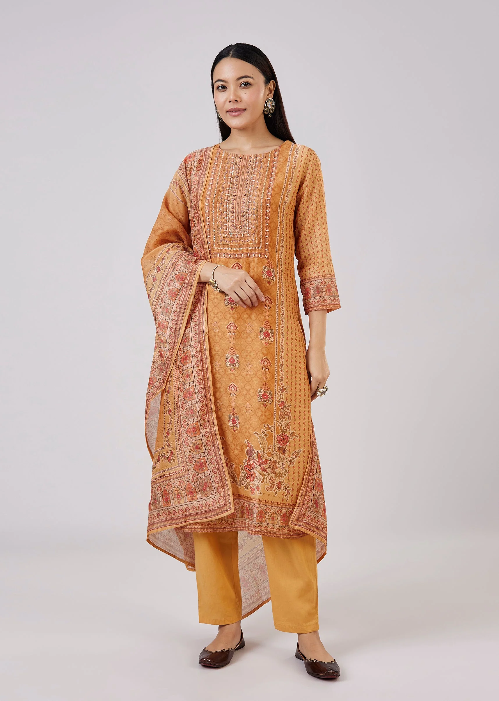 Orange Chanderi Kurta Set With Sequins Work - Image 3