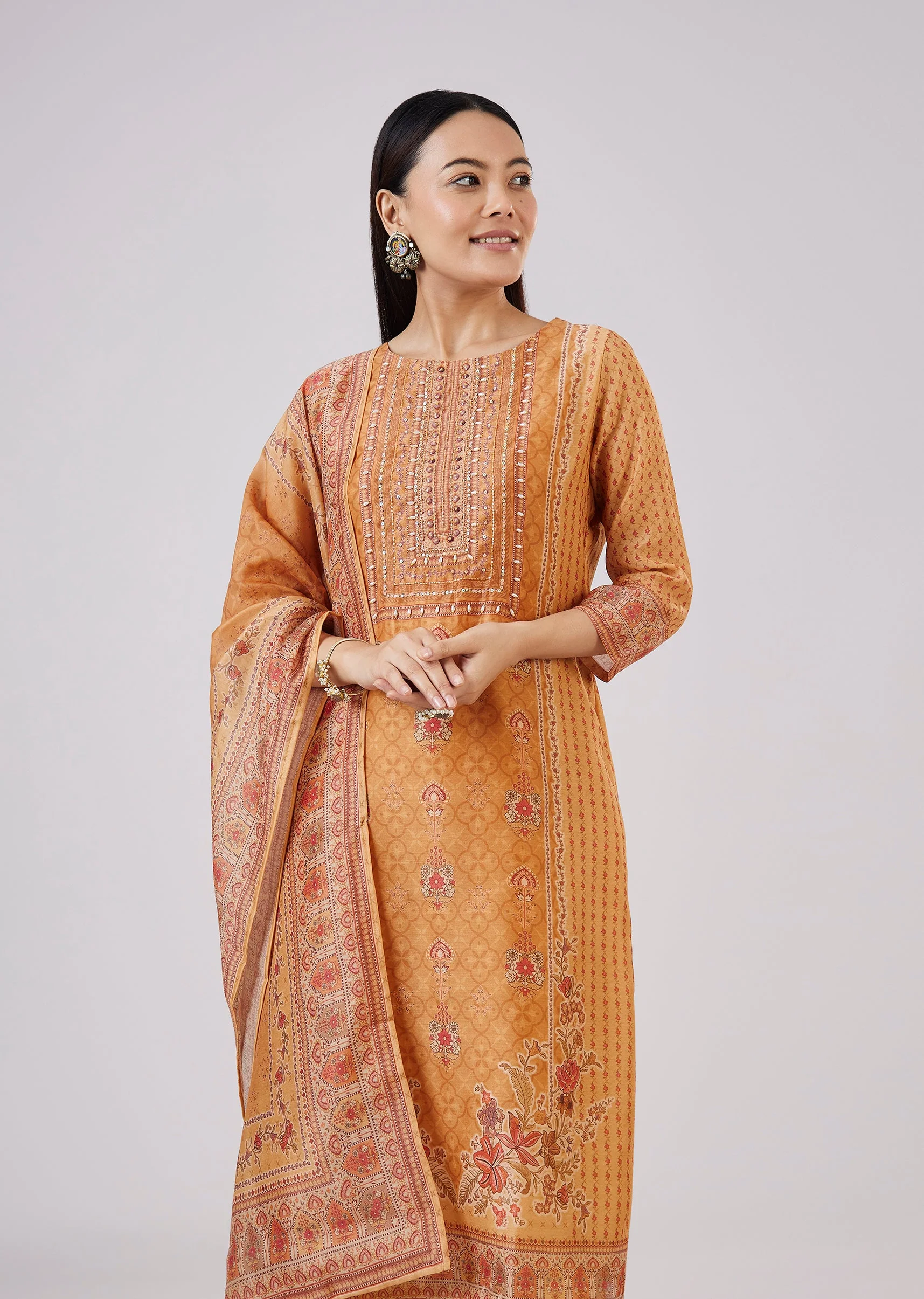 Orange Chanderi Kurta Set With Sequins Work - Image 4