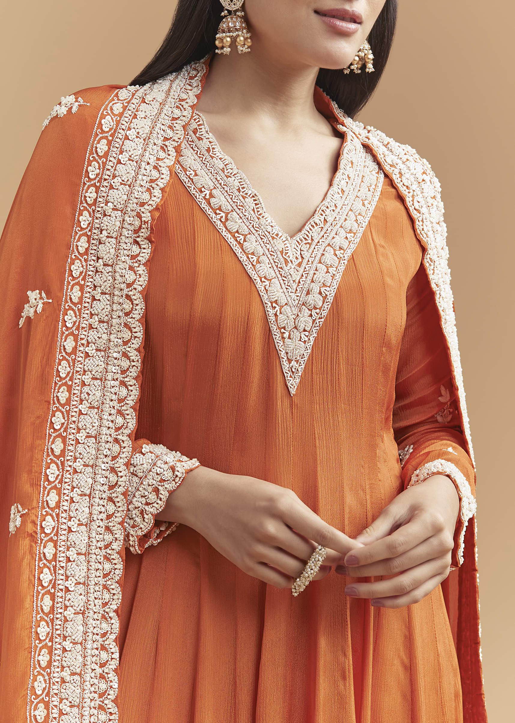 Orange Chinon Anarkali Suit With Intricate Hand Embroidery - Image 2
