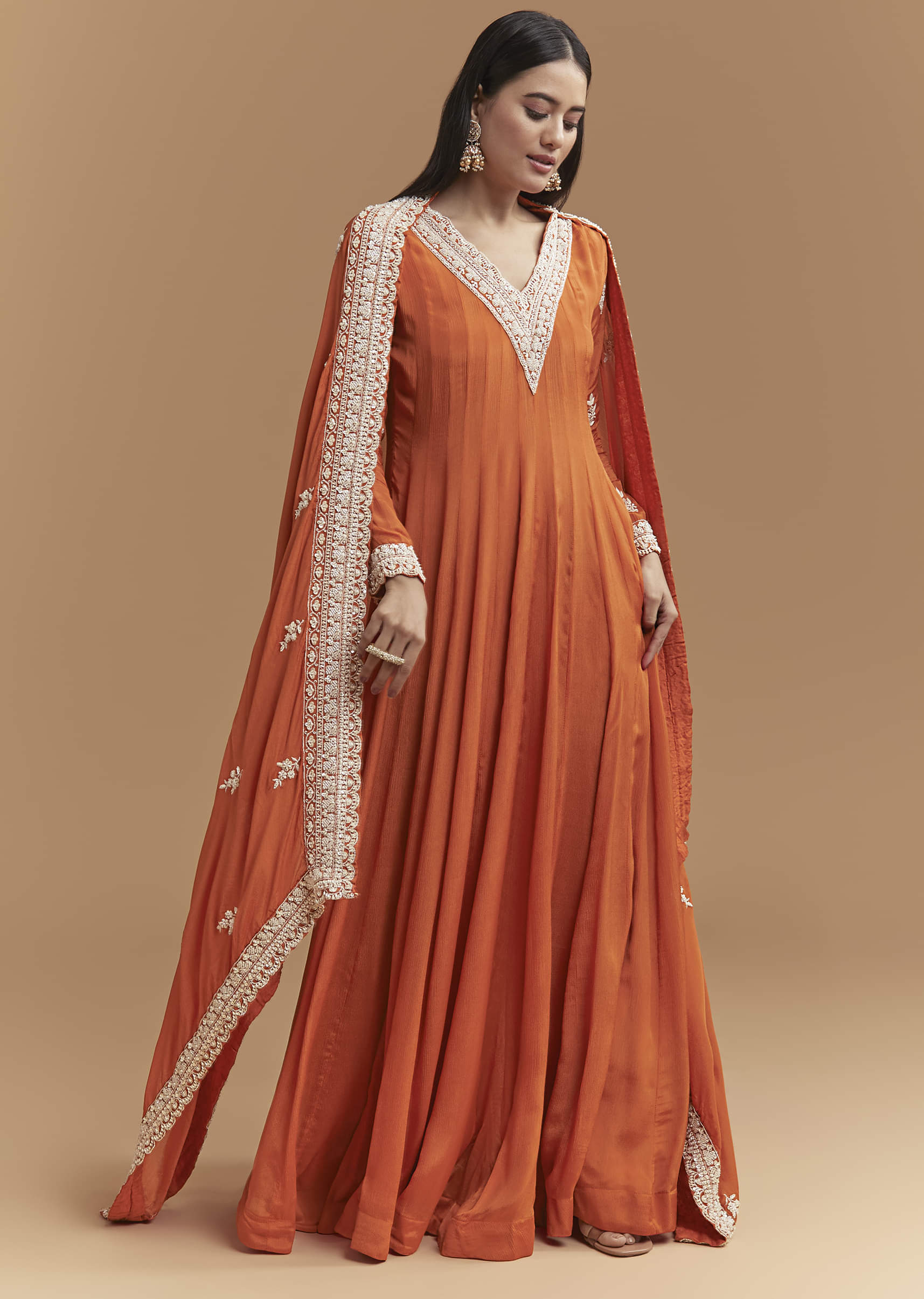 Orange Chinon Anarkali Suit With Intricate Hand Embroidery - Image 3