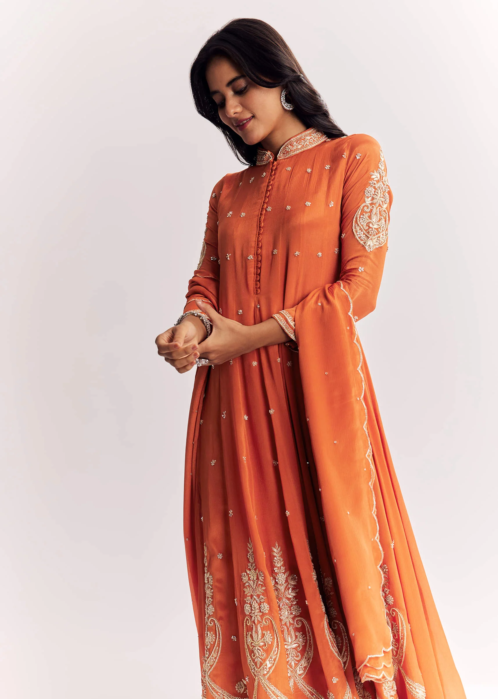 Orange Chinon Anarkali Suit With Moti Sequins And Cutdana Dupatta - Image 4