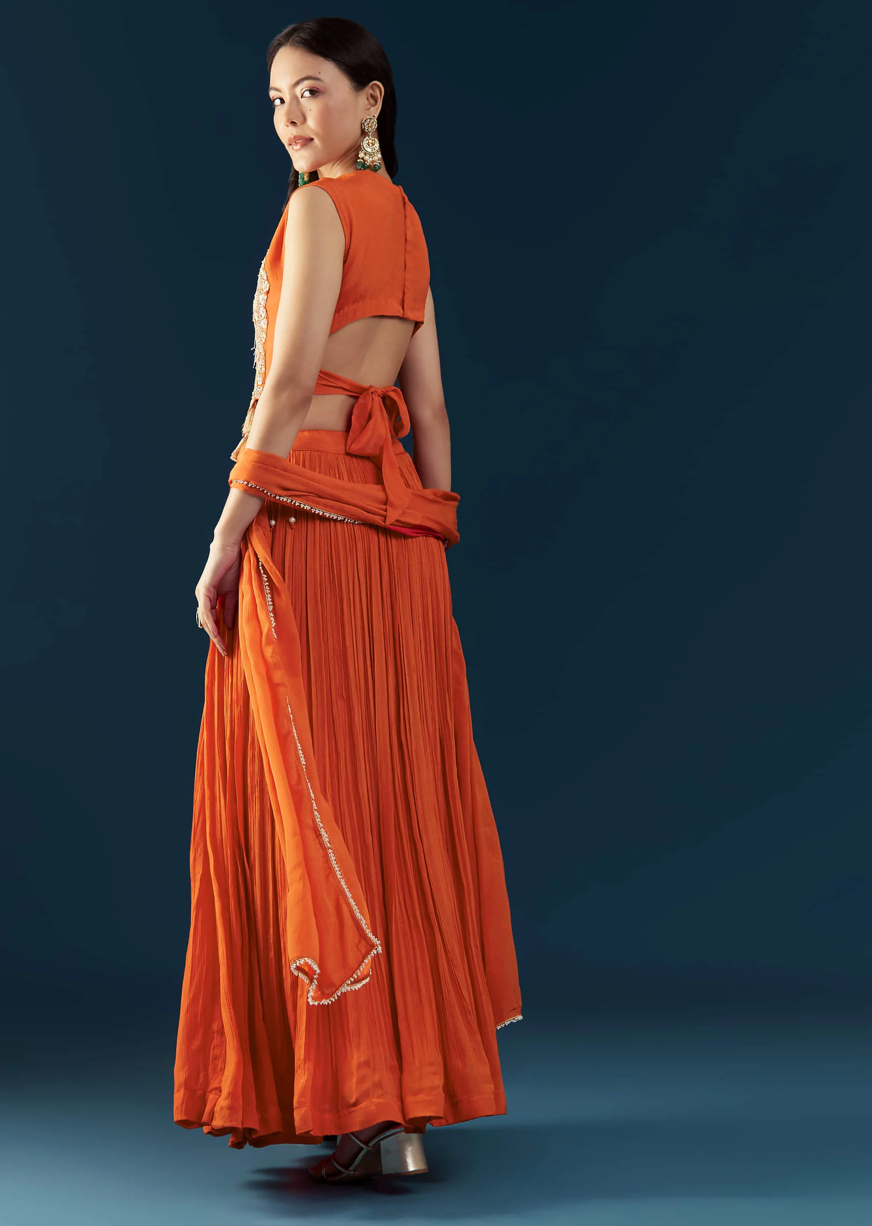 Orange Chinon Crop Top Skirt Set with Zardozi Work - Image 5
