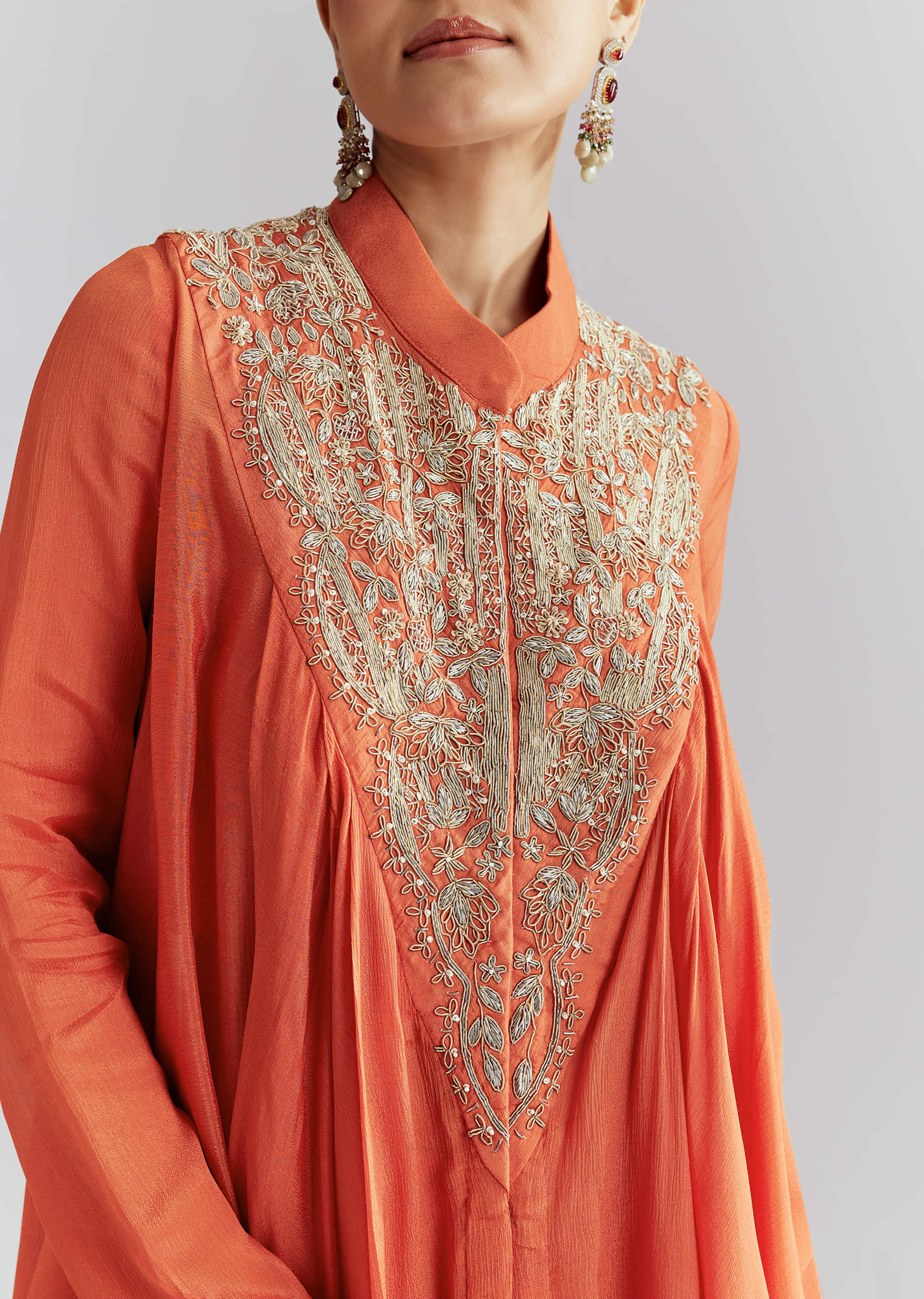 Orange Chinon Indo Western Set With Zardosi Work - Image 2