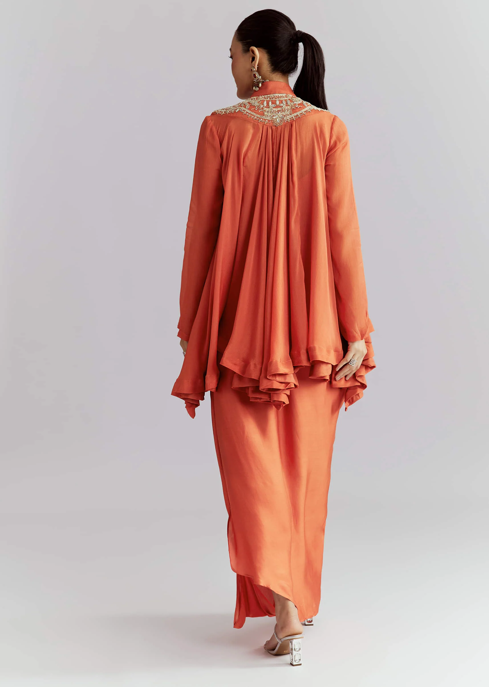Orange Chinon Indo Western Set With Zardosi Work - Image 5