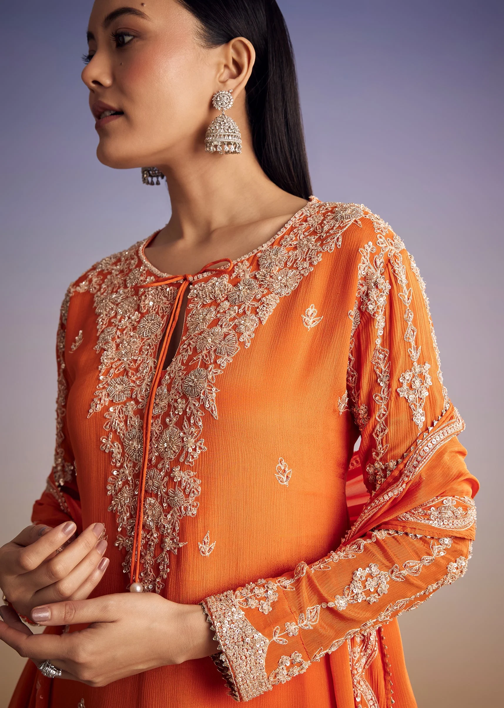 Orange Chinon Kurta Palazzo Set With Cutdana And Beads Work - Image 3