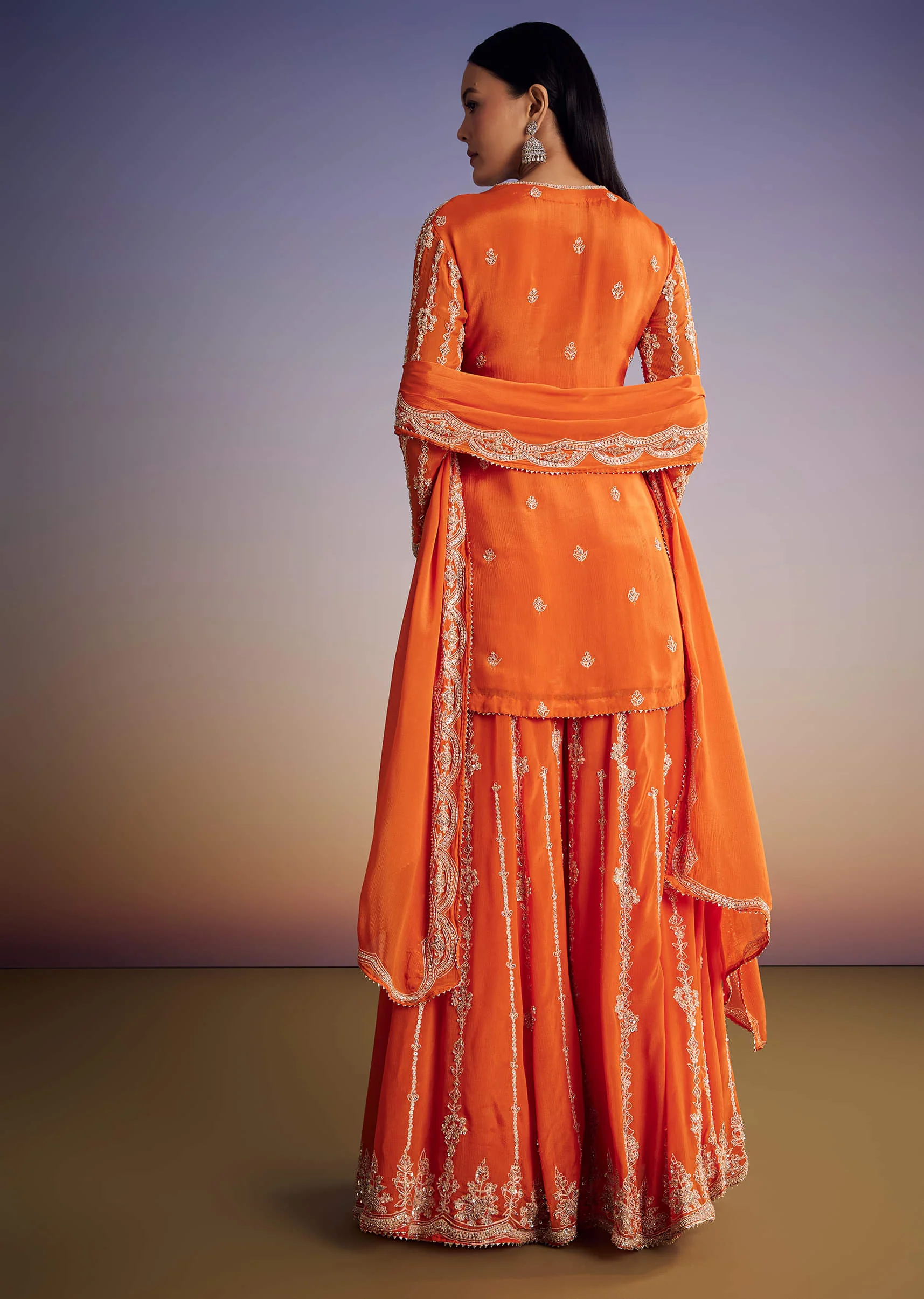 Orange Chinon Kurta Palazzo Set With Cutdana And Beads Work - Image 5