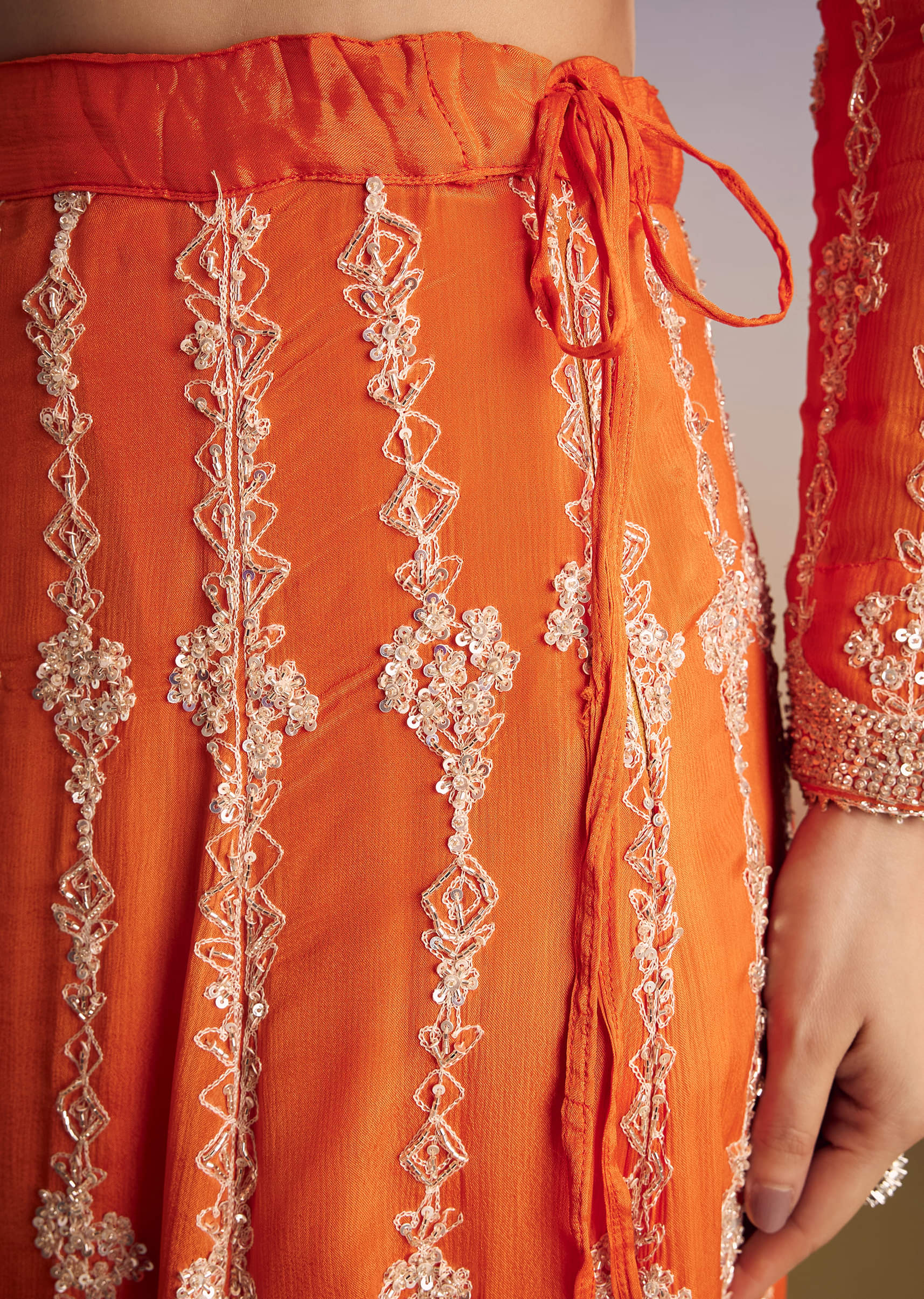 Orange Chinon Kurta Palazzo Set With Cutdana And Beads Work - Image 6