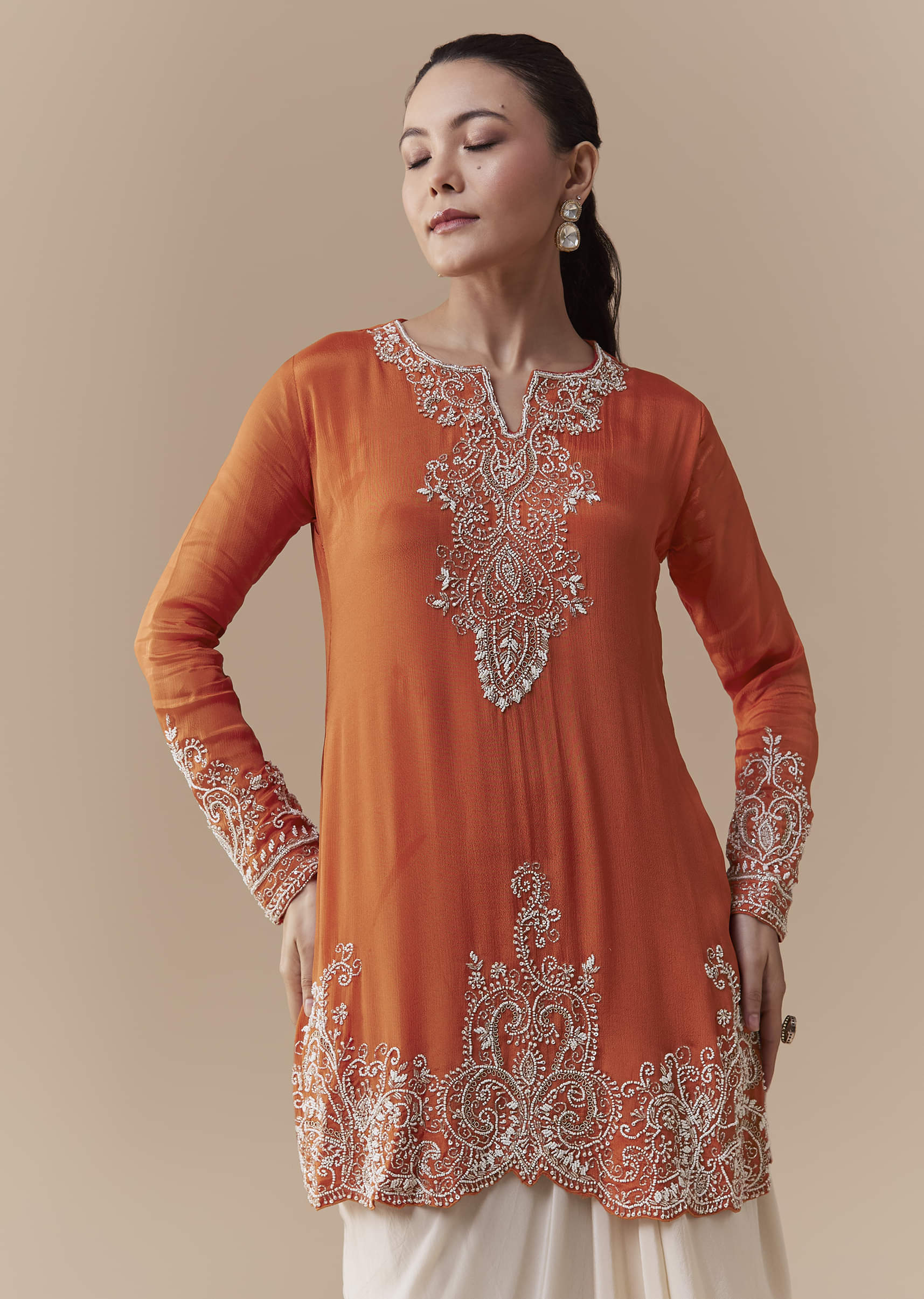 Orange Chinon Kurta Skirt Set with Moti Work - Image 4