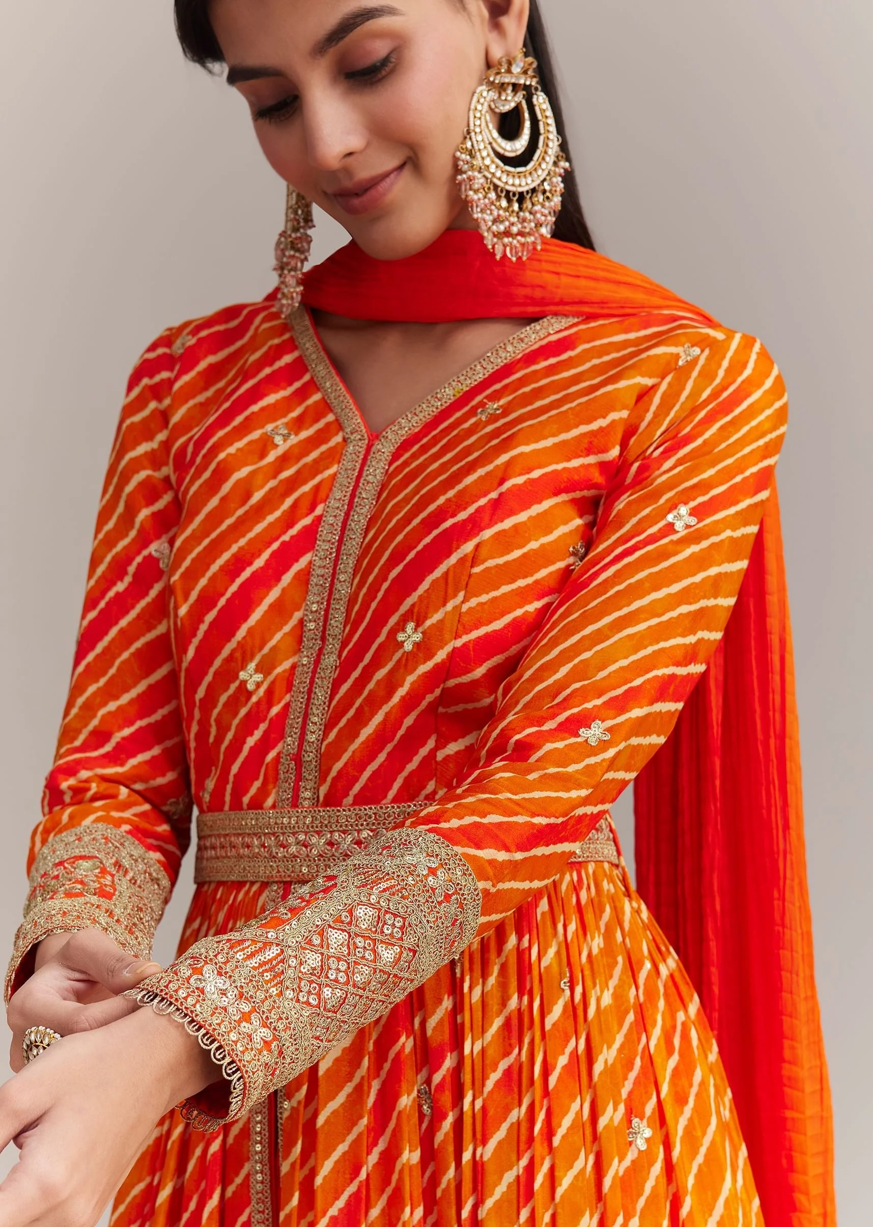 Orange Chinon Leheriya Embroidered Anarkali Set - Image 2