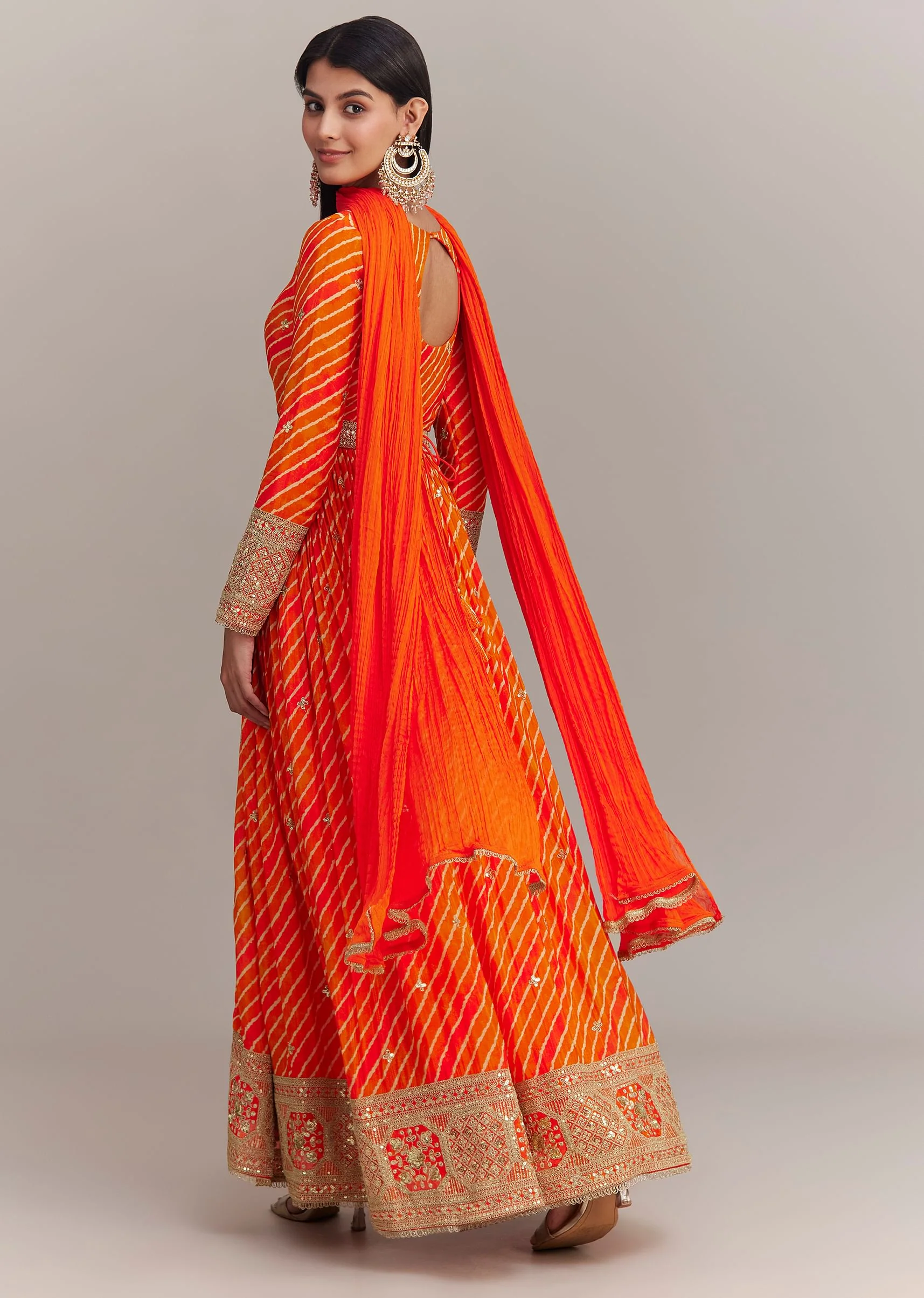 Orange Chinon Leheriya Embroidered Anarkali Set - Image 5