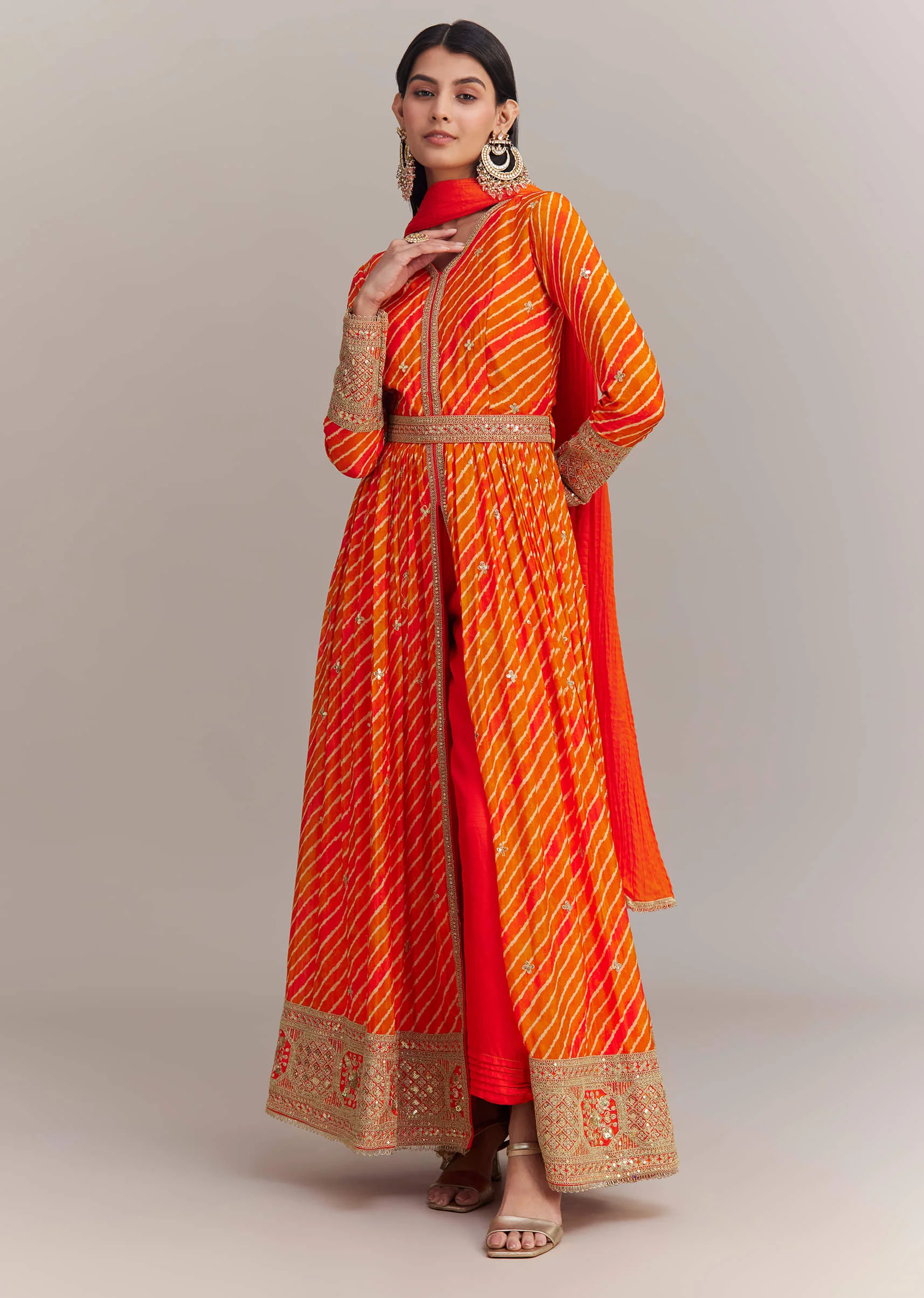 Orange Chinon Leheriya Embroidered Anarkali Set - Image 7