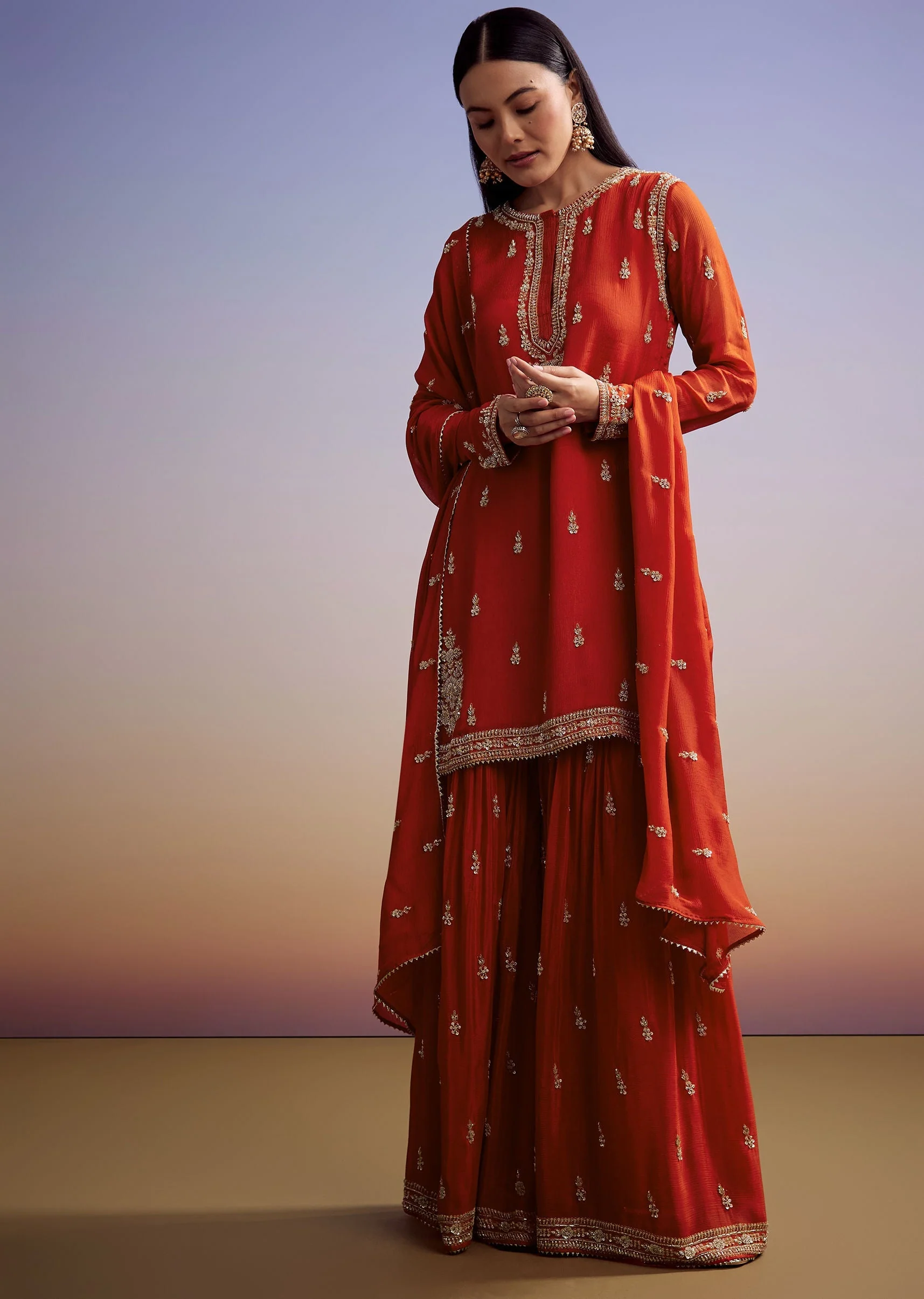 Orange Chinon Sharara Suit With Cut Dana And Sequins Work - Image 3