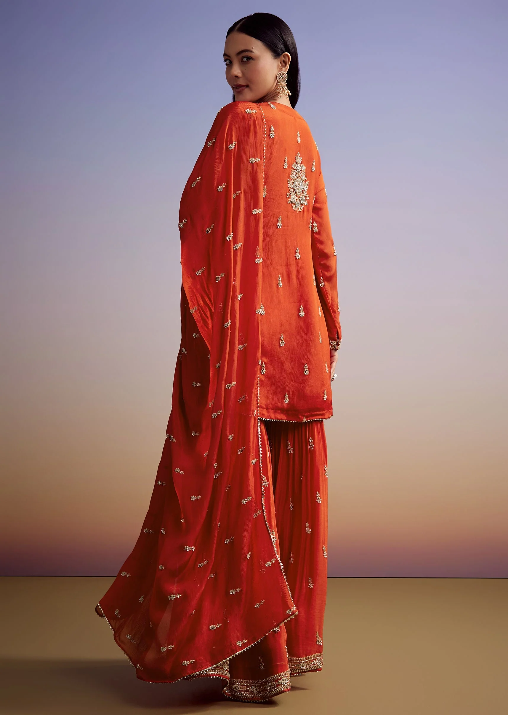 Orange Chinon Sharara Suit With Cut Dana And Sequins Work - Image 5