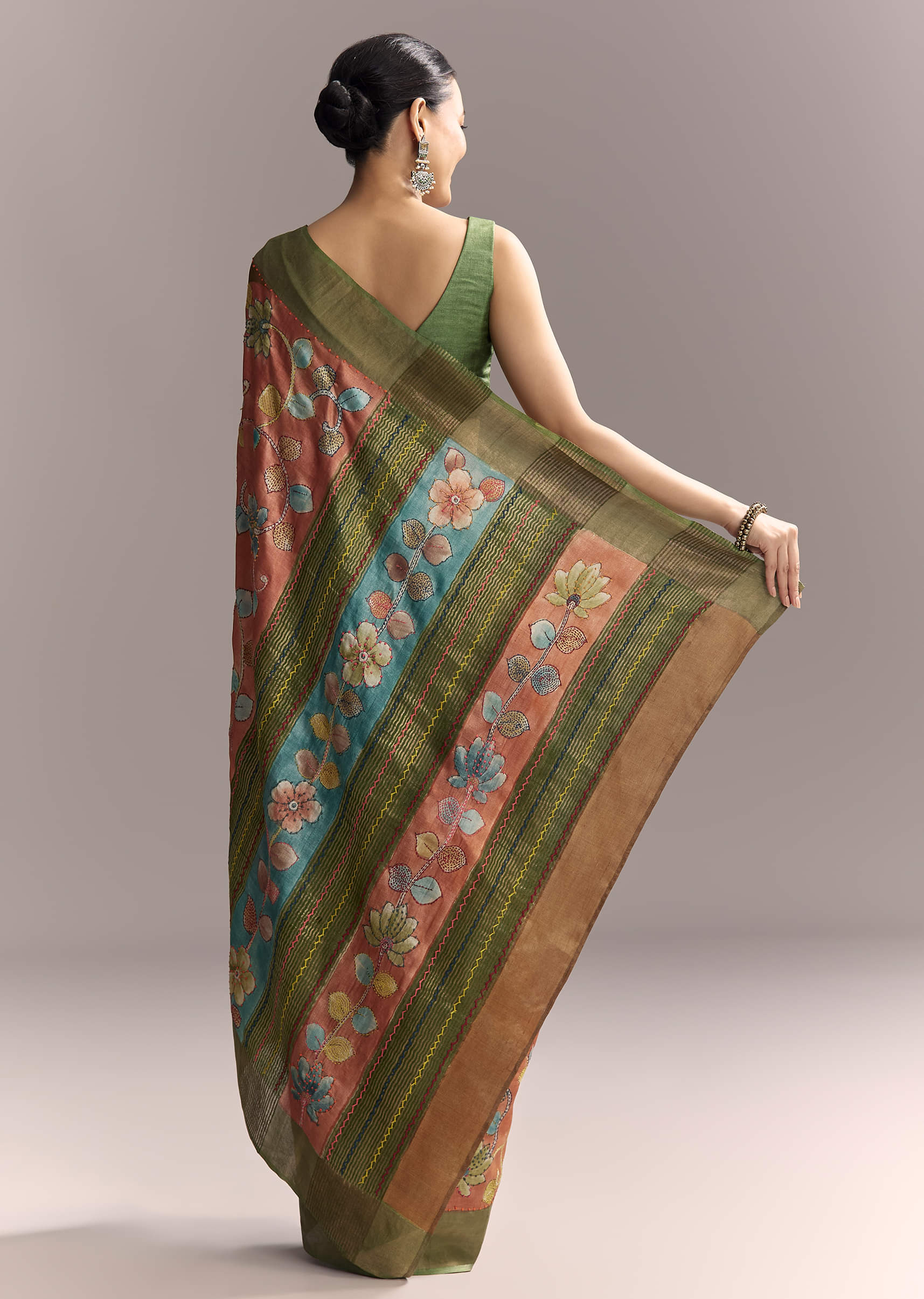 Orange Cotton Saree With Hand Painted Motifs And Green Border - Image 4