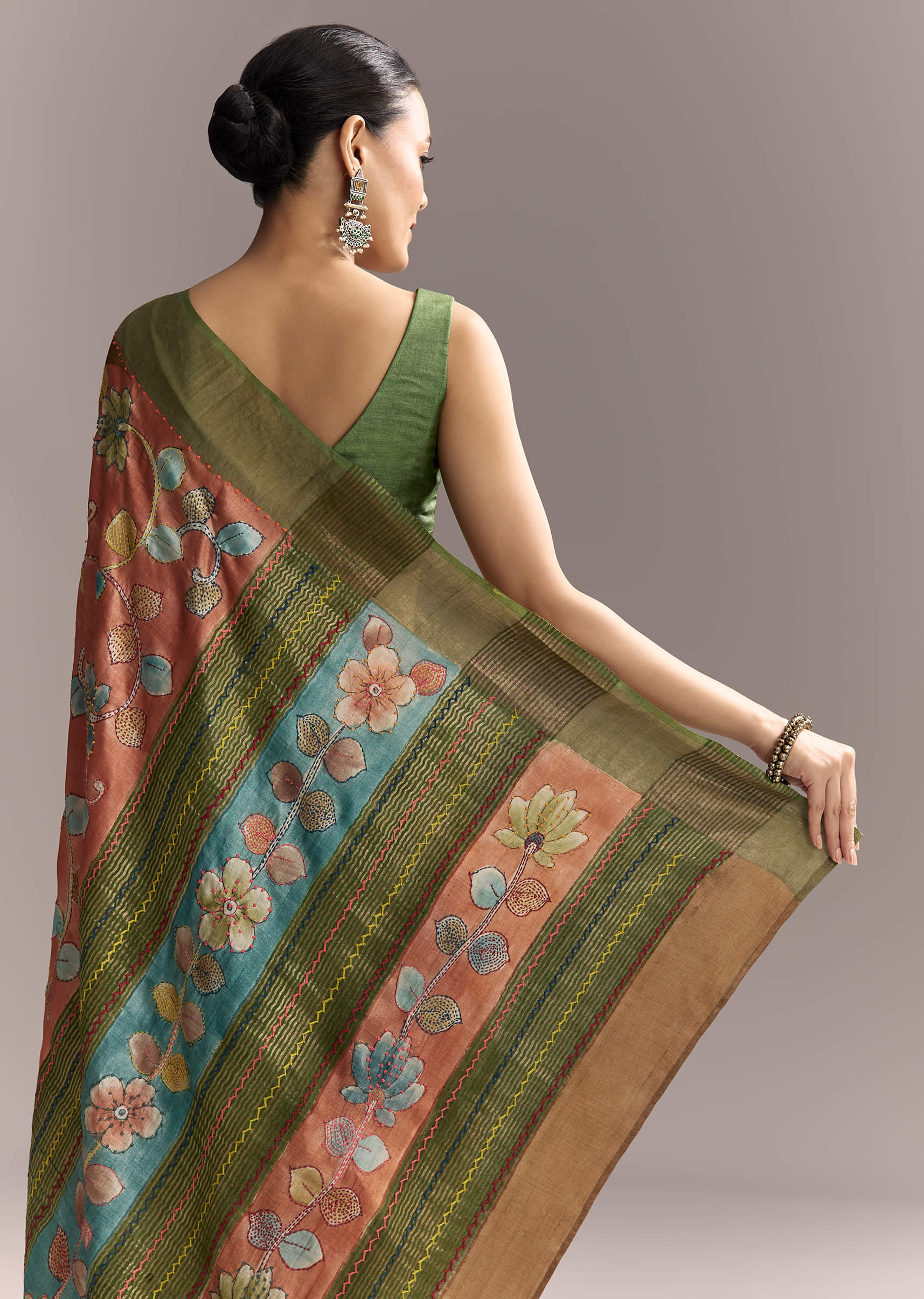 Orange Cotton Saree With Hand Painted Motifs And Green Border - Image 6