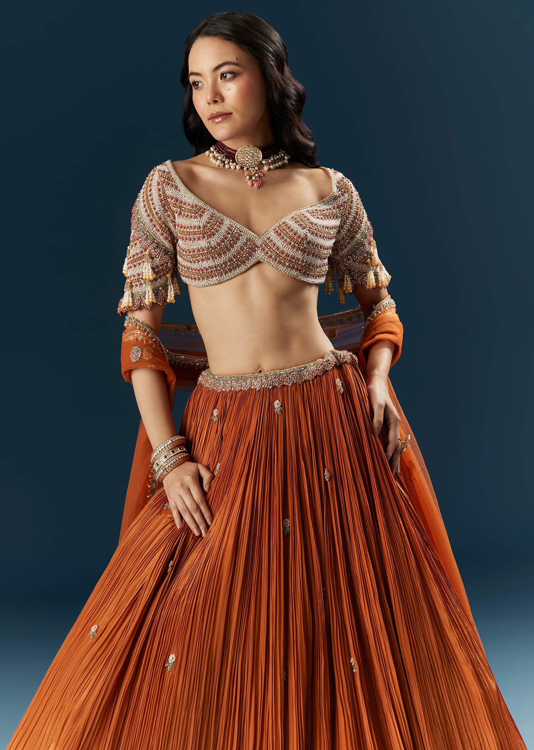 Orange Crepe Bridesmaid Lehenga With Moti And Cutdana Embroidery - Image 5