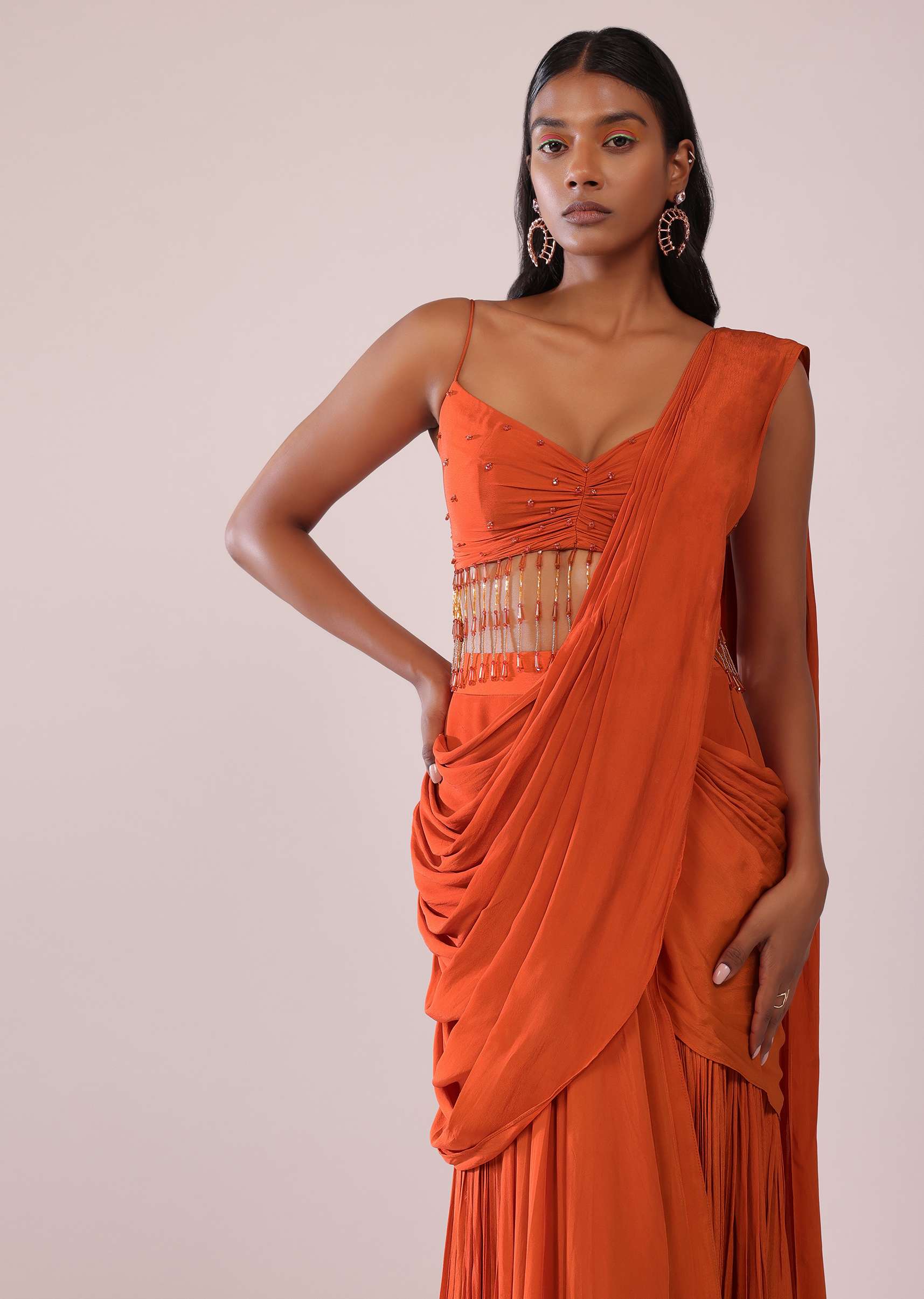 Orange Crepe Drape Saree And Blouse With Crystal Tassels All Over - Image 3