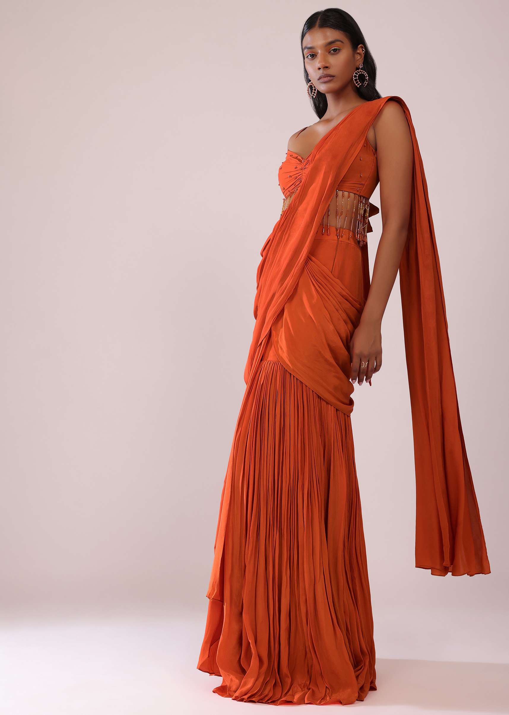 Orange Crepe Drape Saree And Blouse With Crystal Tassels All Over - Image 4