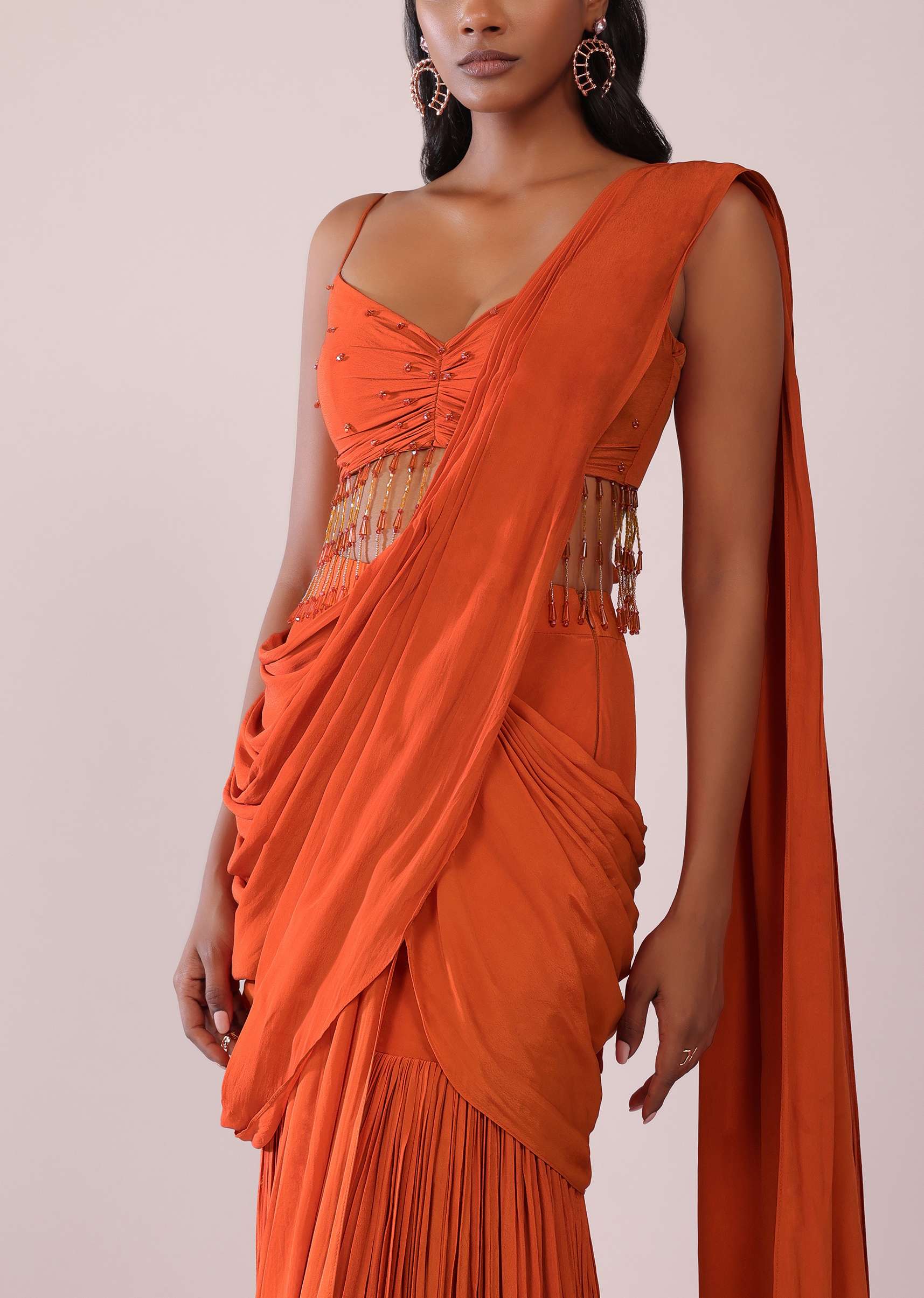 Orange Crepe Drape Saree And Blouse With Crystal Tassels All Over - Image 5