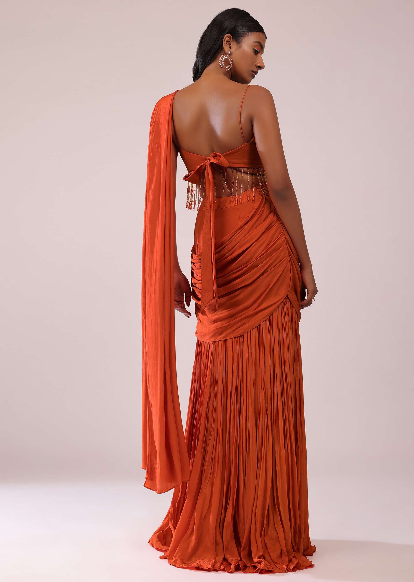 Orange Crepe Drape Saree And Blouse With Crystal Tassels All Over - Image 6