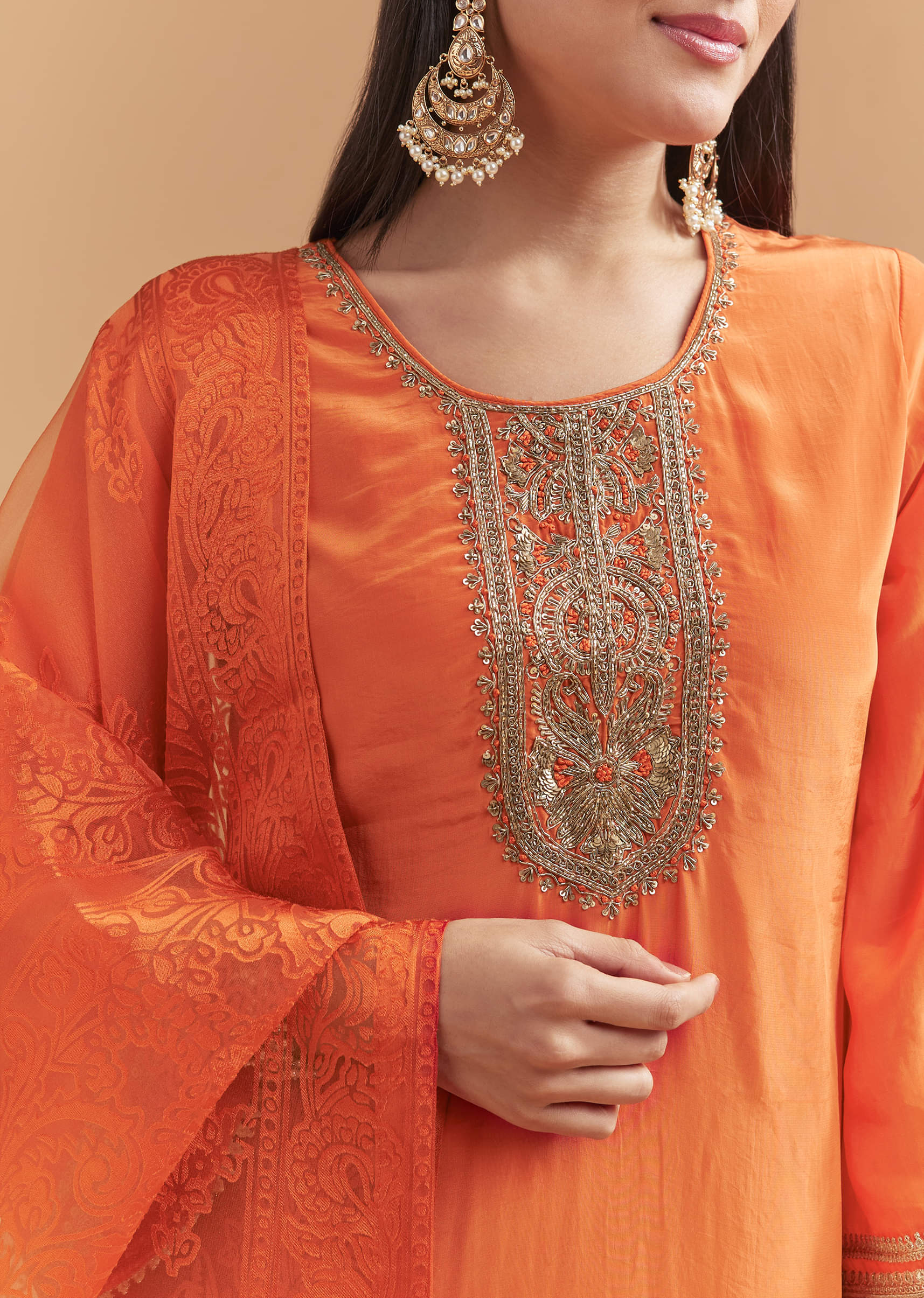 Orange Crepe Kurta Set With Intricate Zardosi Embroidery - Image 2