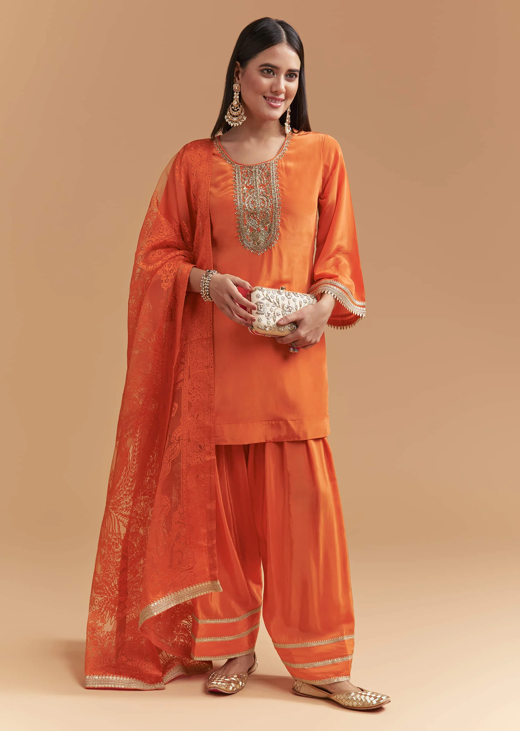 Orange Crepe Kurta Set With Intricate Zardosi Embroidery - Image 3