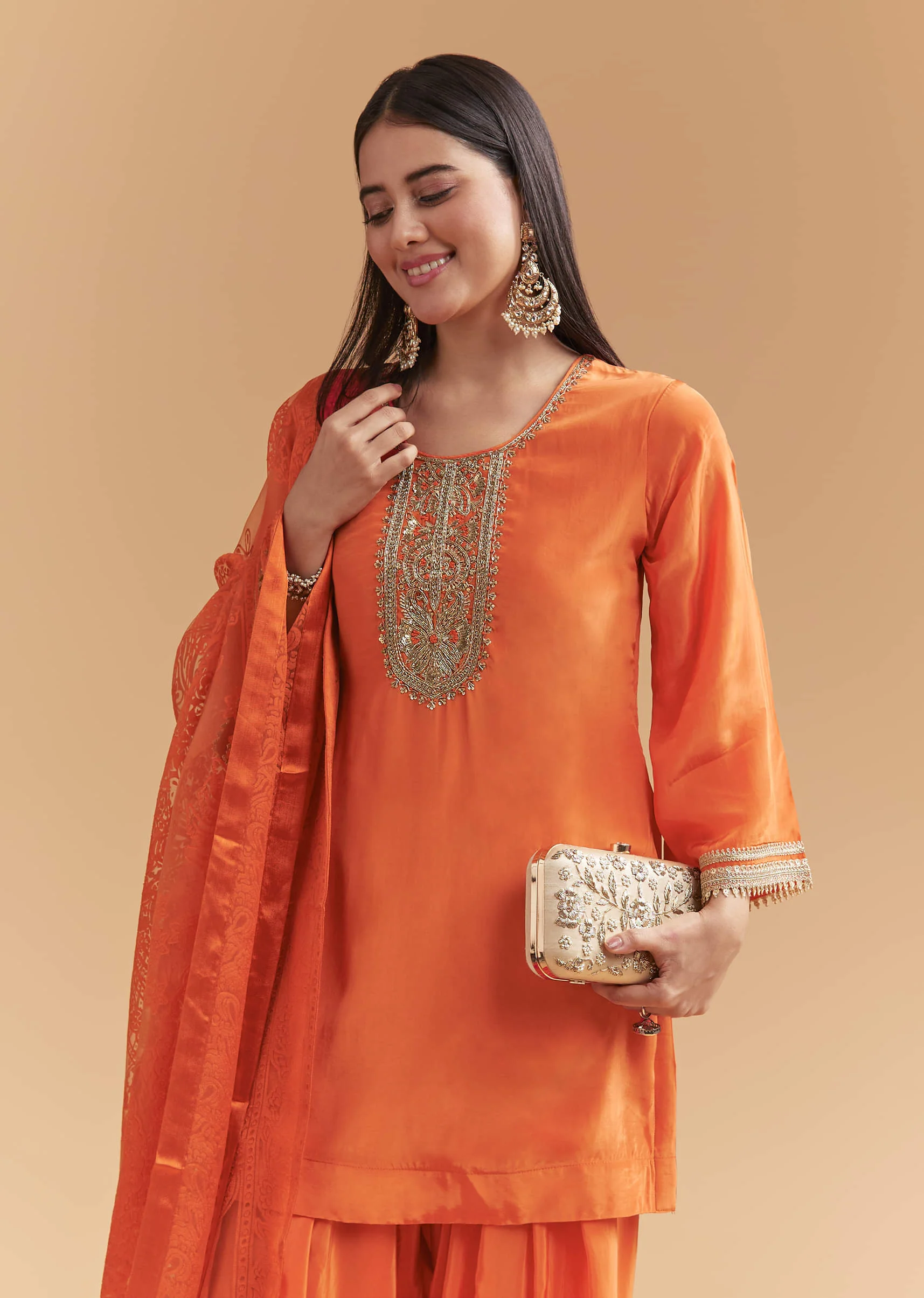 Orange Crepe Kurta Set With Intricate Zardosi Embroidery - Image 4