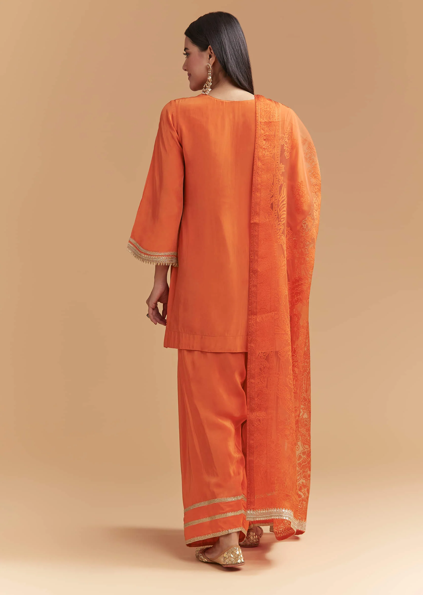 Orange Crepe Kurta Set With Intricate Zardosi Embroidery - Image 5
