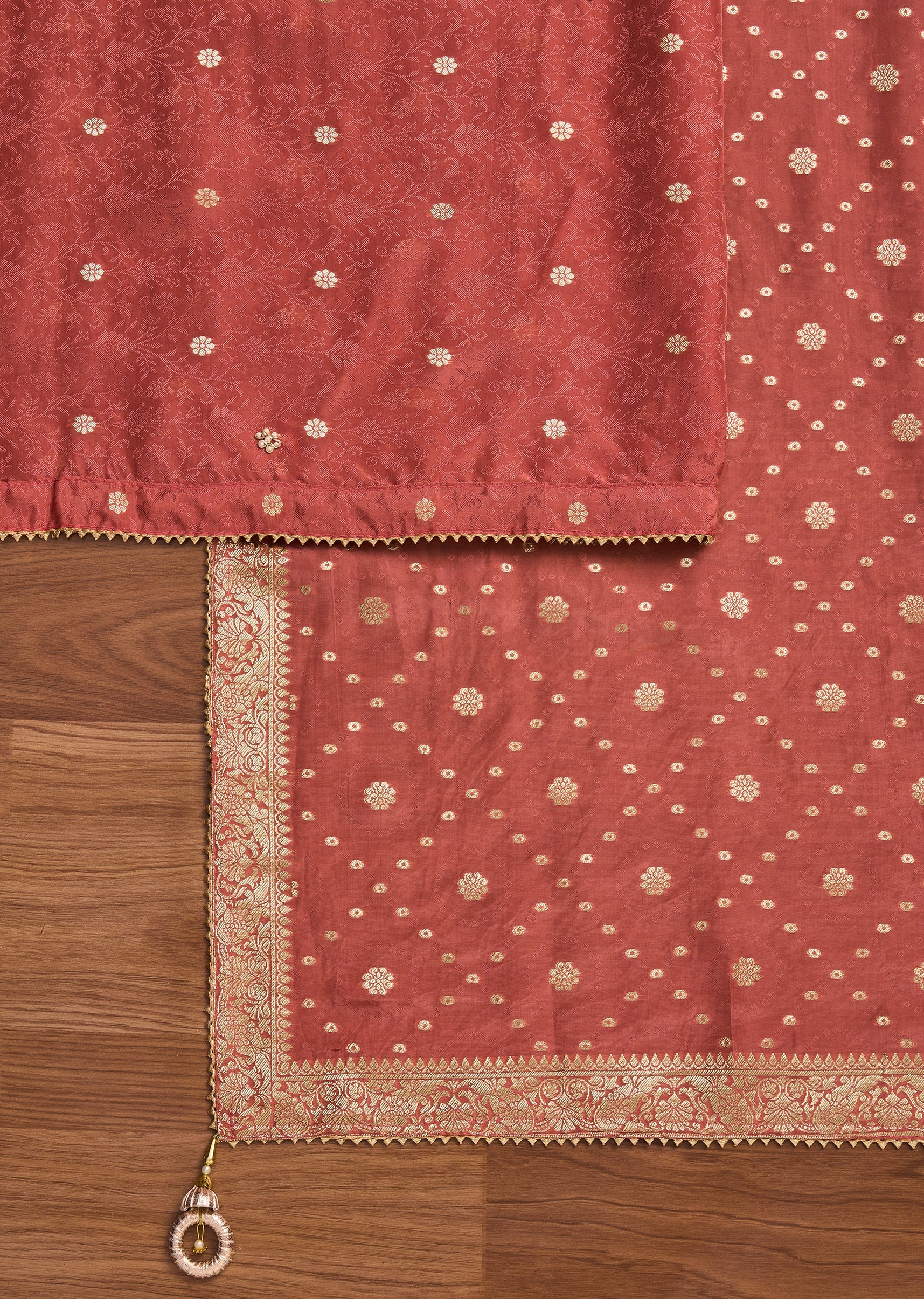 Orange Crepe Unstitched Suit With Dupatta and Bottom Fabric - Image 3
