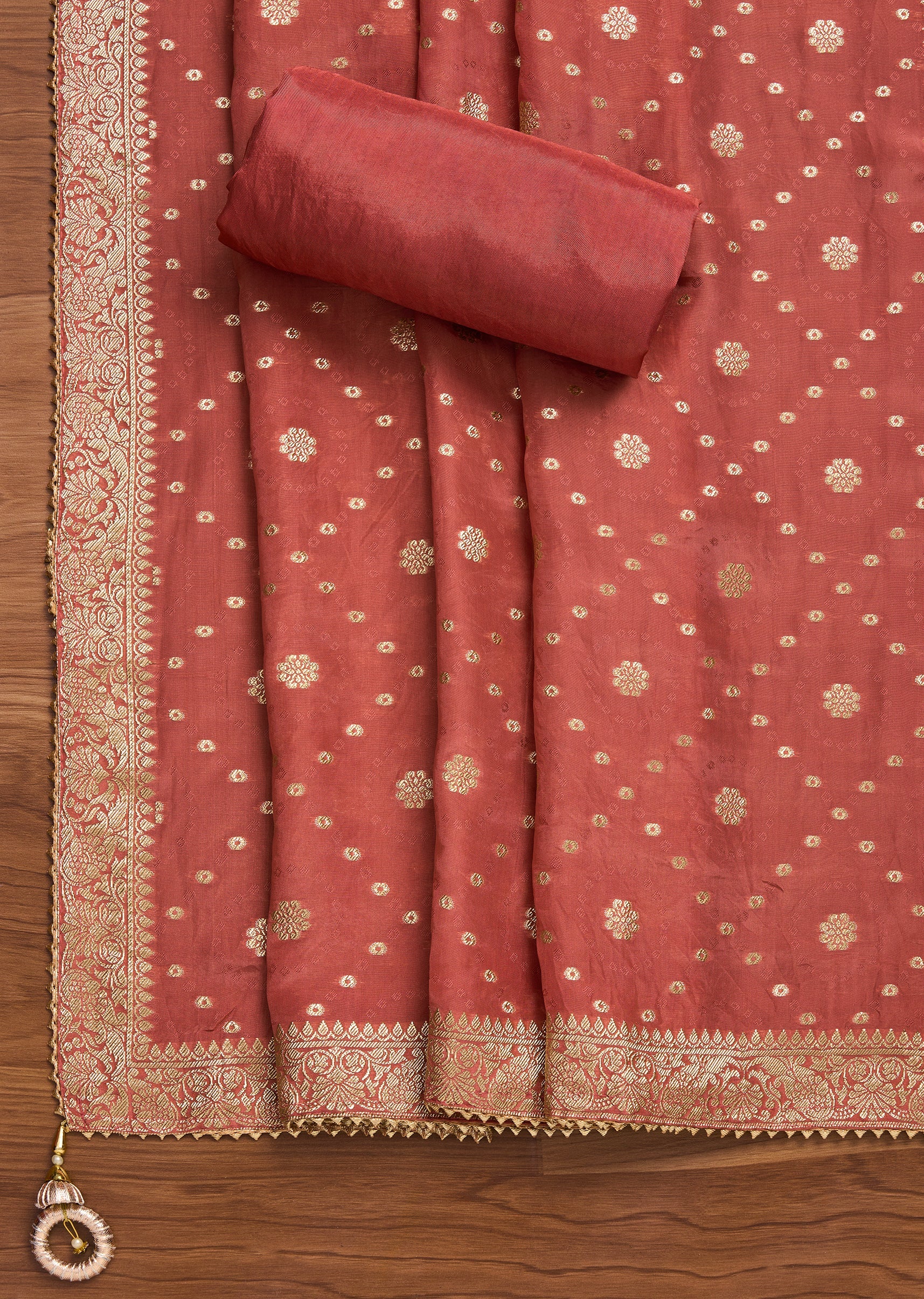 Orange Crepe Unstitched Suit With Dupatta and Bottom Fabric - Image 4
