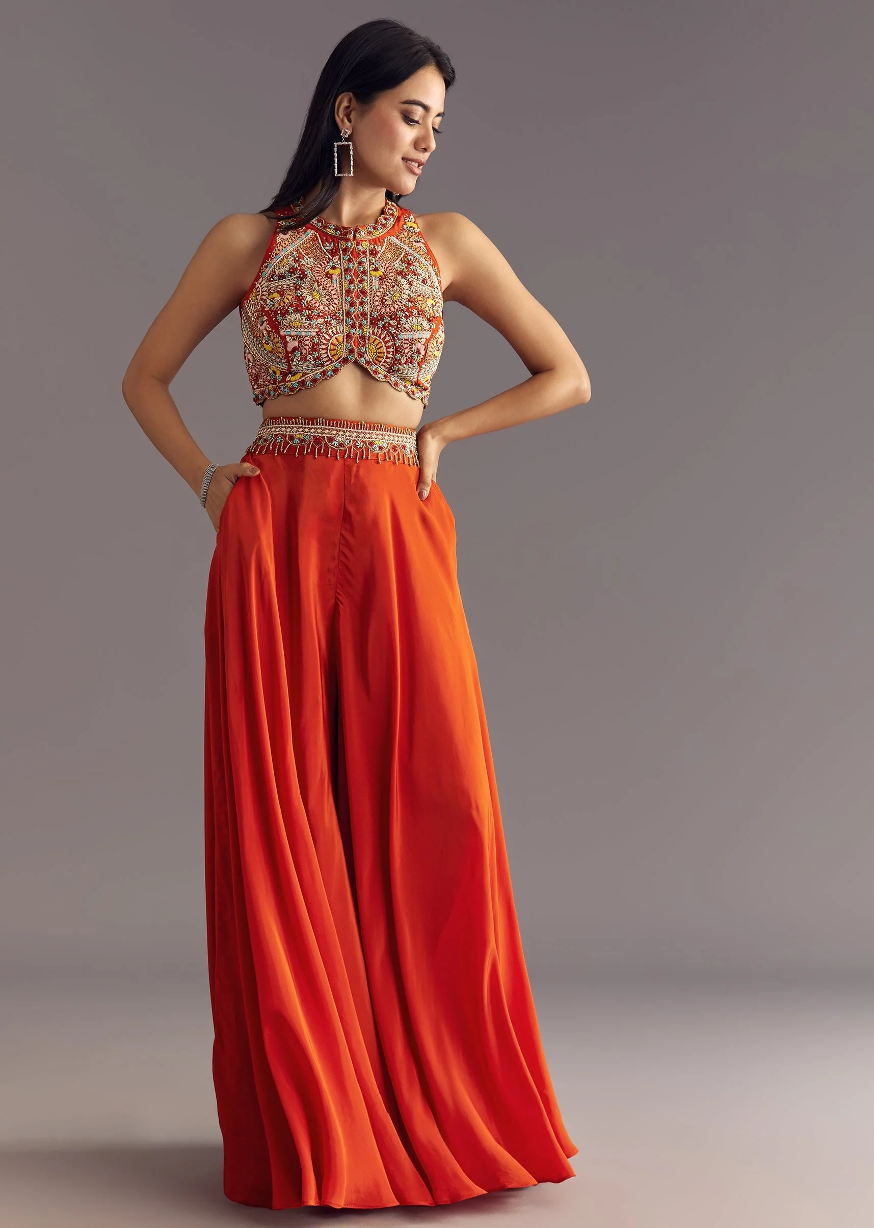 Orange Crepe Zardosi Thread Work Croptop And Palazzo Suit - Image 3
