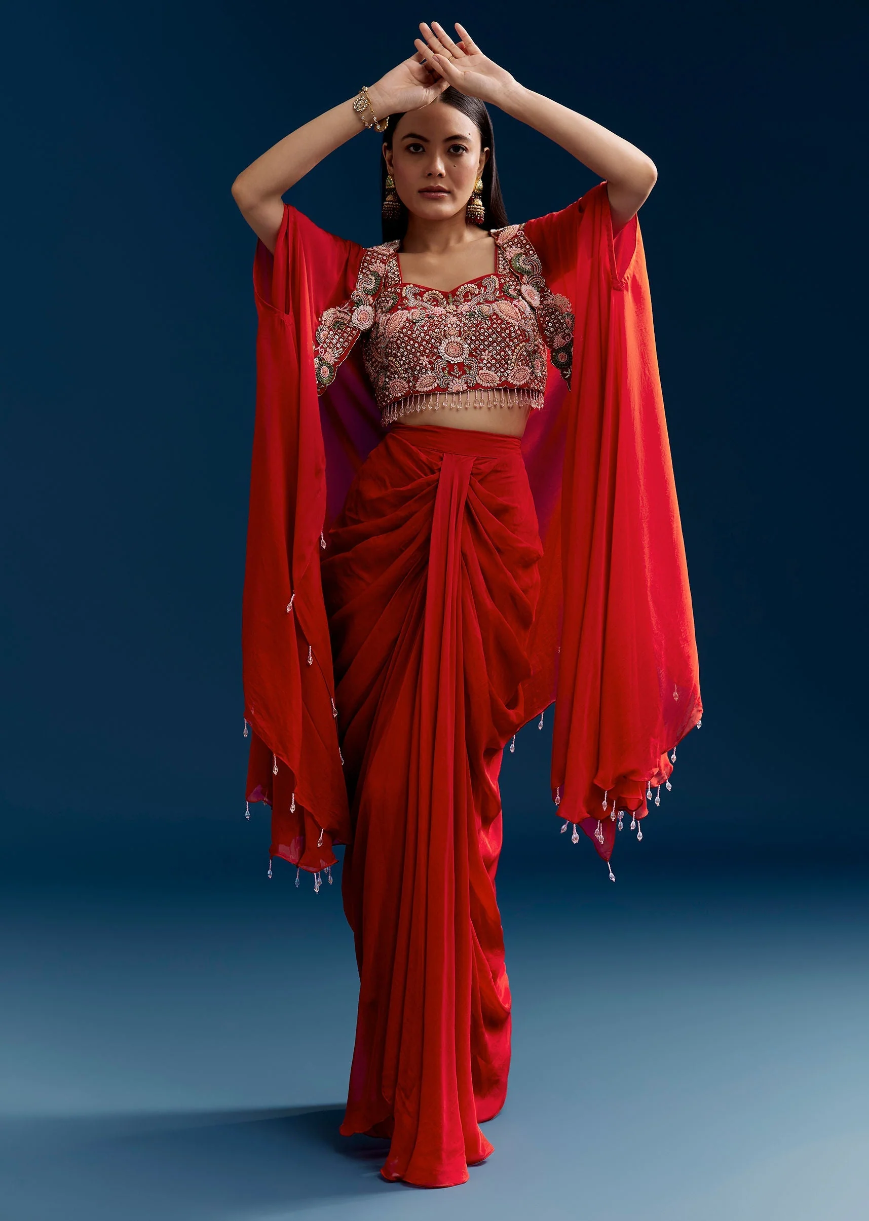 Orange Crop Top Skirt Set With Embroidered Cape - Image 3