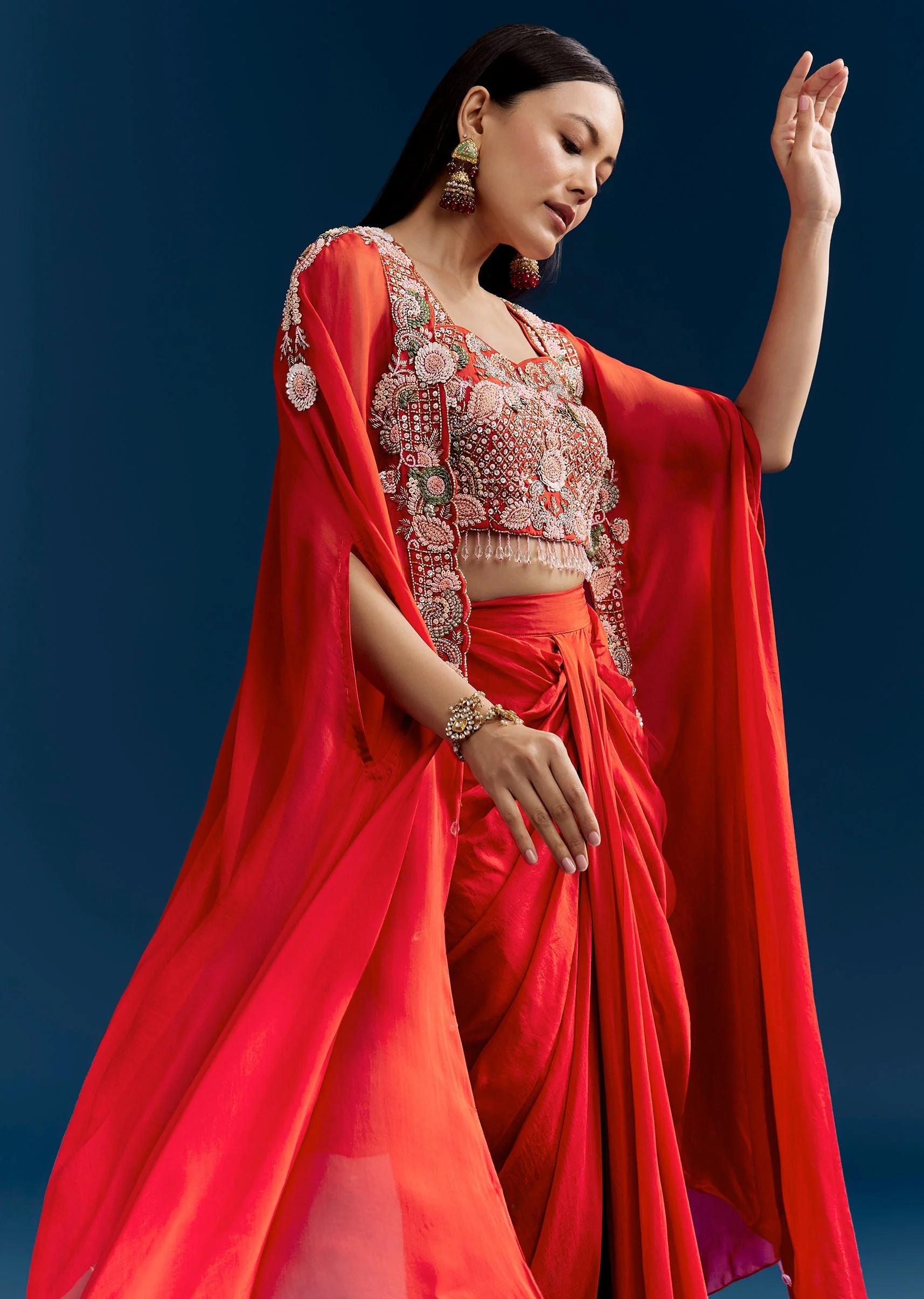 Orange Crop Top Skirt Set With Embroidered Cape - Image 4