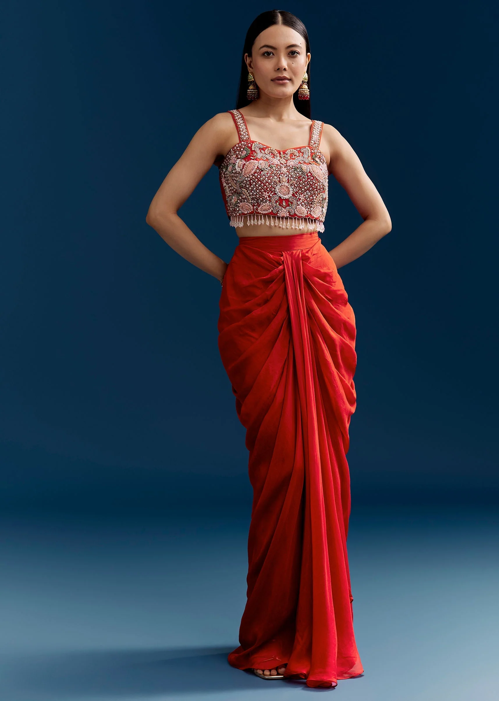 Orange Crop Top Skirt Set With Embroidered Cape - Image 6
