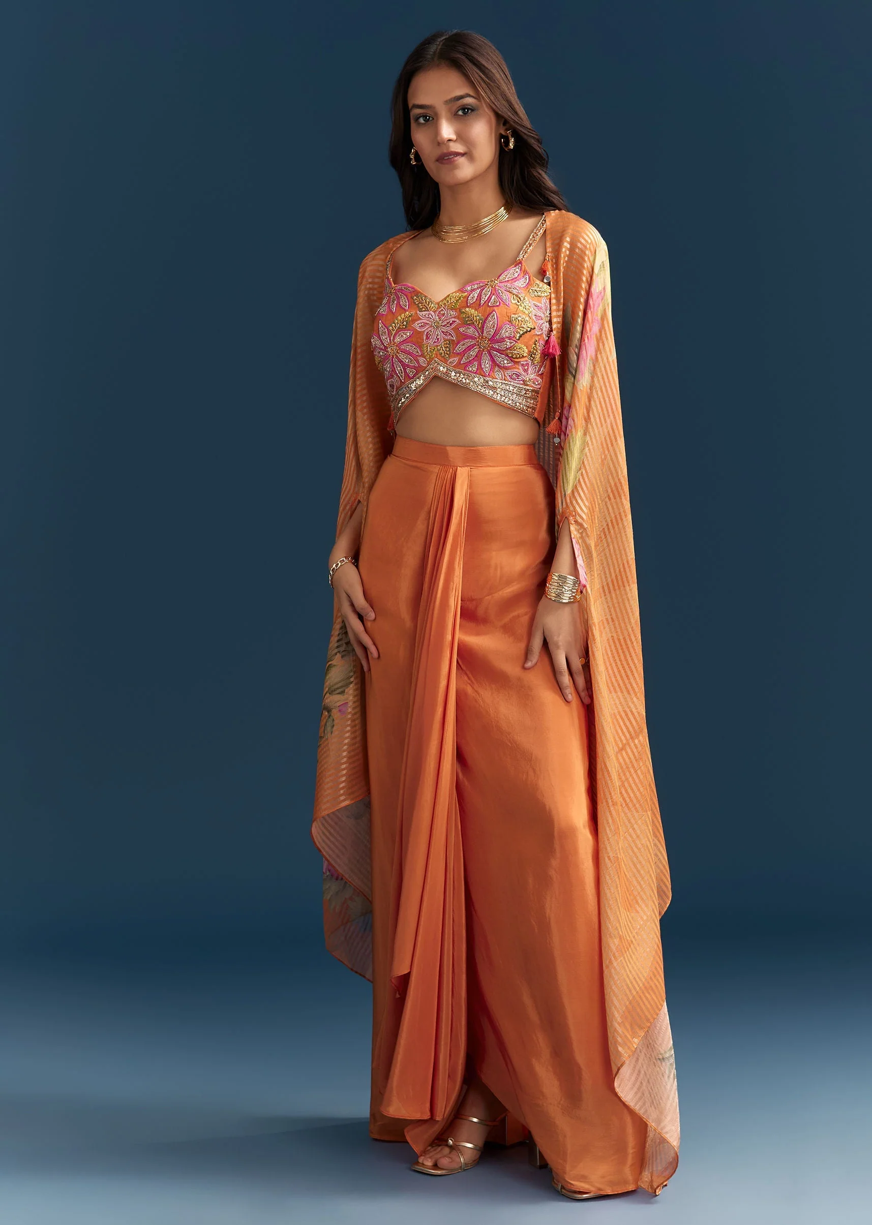 Orange Crop Top Skirt With Floral Cape And Embroidery Accents - Image 3