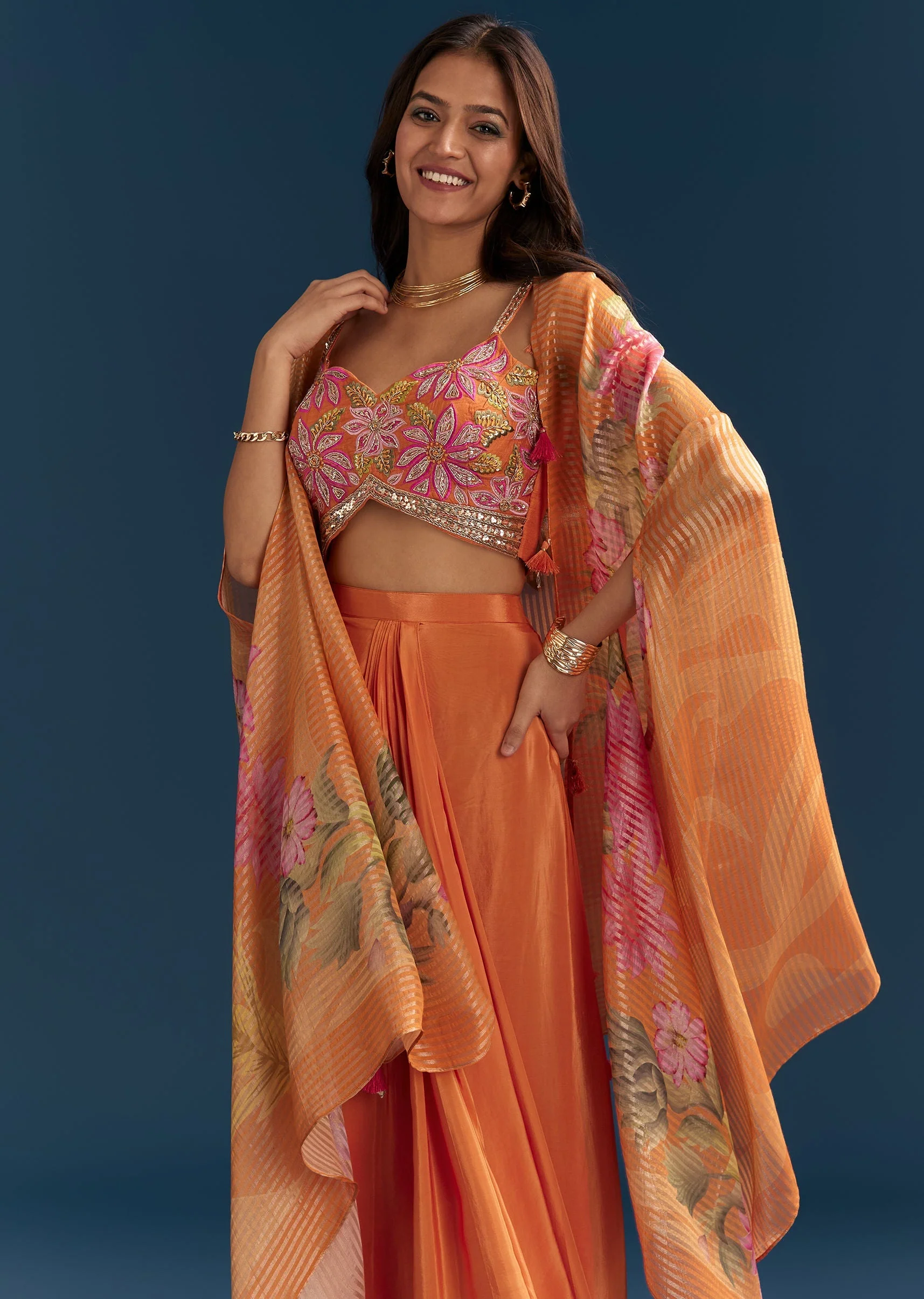 Orange Crop Top Skirt With Floral Cape And Embroidery Accents - Image 4