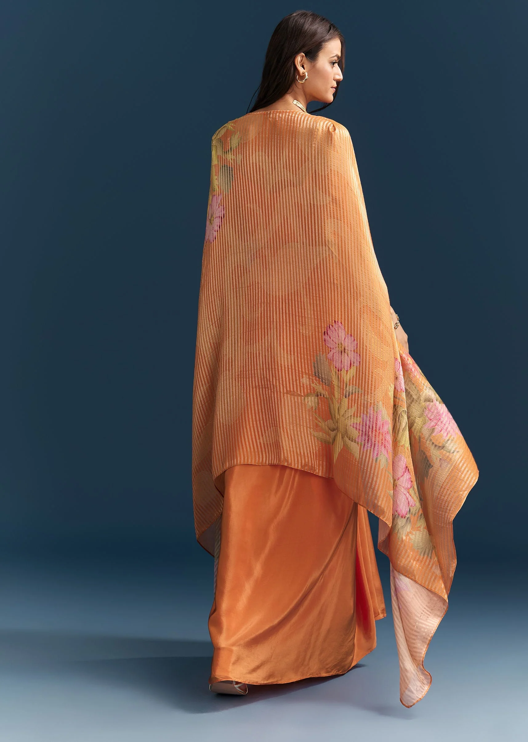 Orange Crop Top Skirt With Floral Cape And Embroidery Accents - Image 5