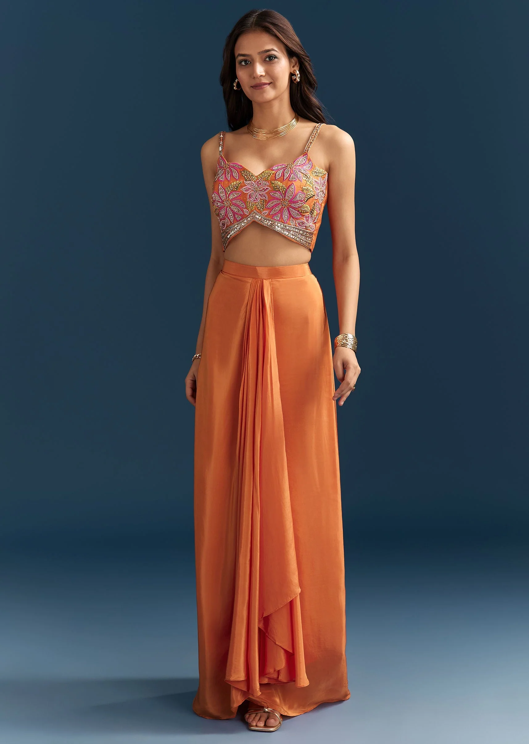 Orange Crop Top Skirt With Floral Cape And Embroidery Accents - Image 6